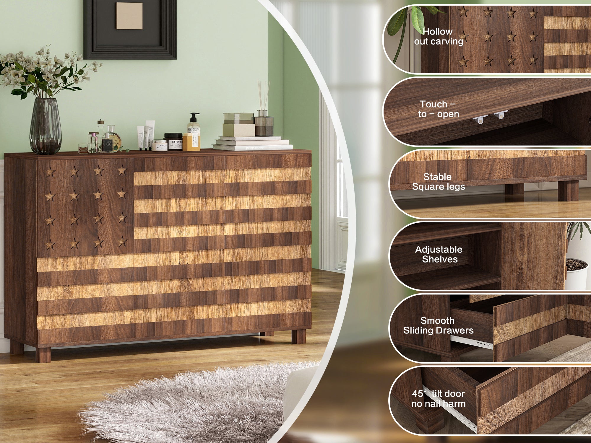 55' Buffet Sideboard Cabinet with Storage: Kitchen Storage cabinet With Hand Carved Craftsmanship with 2 Drawers and 3 Doors,Coffee Bar Console with Adjustable Shelves -for Entryway Living Room.Walnut