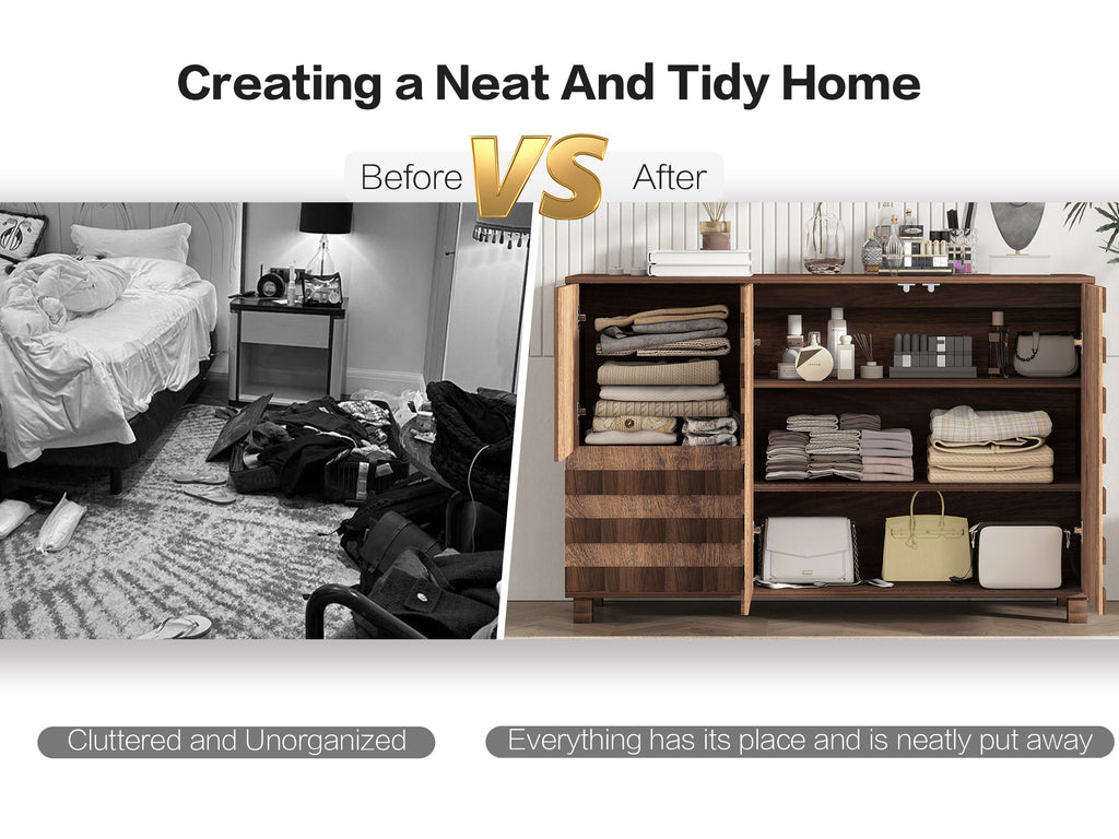 55' Buffet Sideboard Cabinet with Storage: Kitchen Storage cabinet With Hand Carved Craftsmanship with 2 Drawers and 3 Doors,Coffee Bar Console with Adjustable Shelves -for Entryway Living Room.Walnut