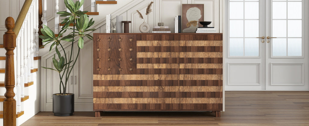55' Buffet Sideboard Cabinet with Storage: Kitchen Storage cabinet With Hand Carved Craftsmanship with 2 Drawers and 3 Doors,Coffee Bar Console with Adjustable Shelves -for Entryway Living Room.Walnut