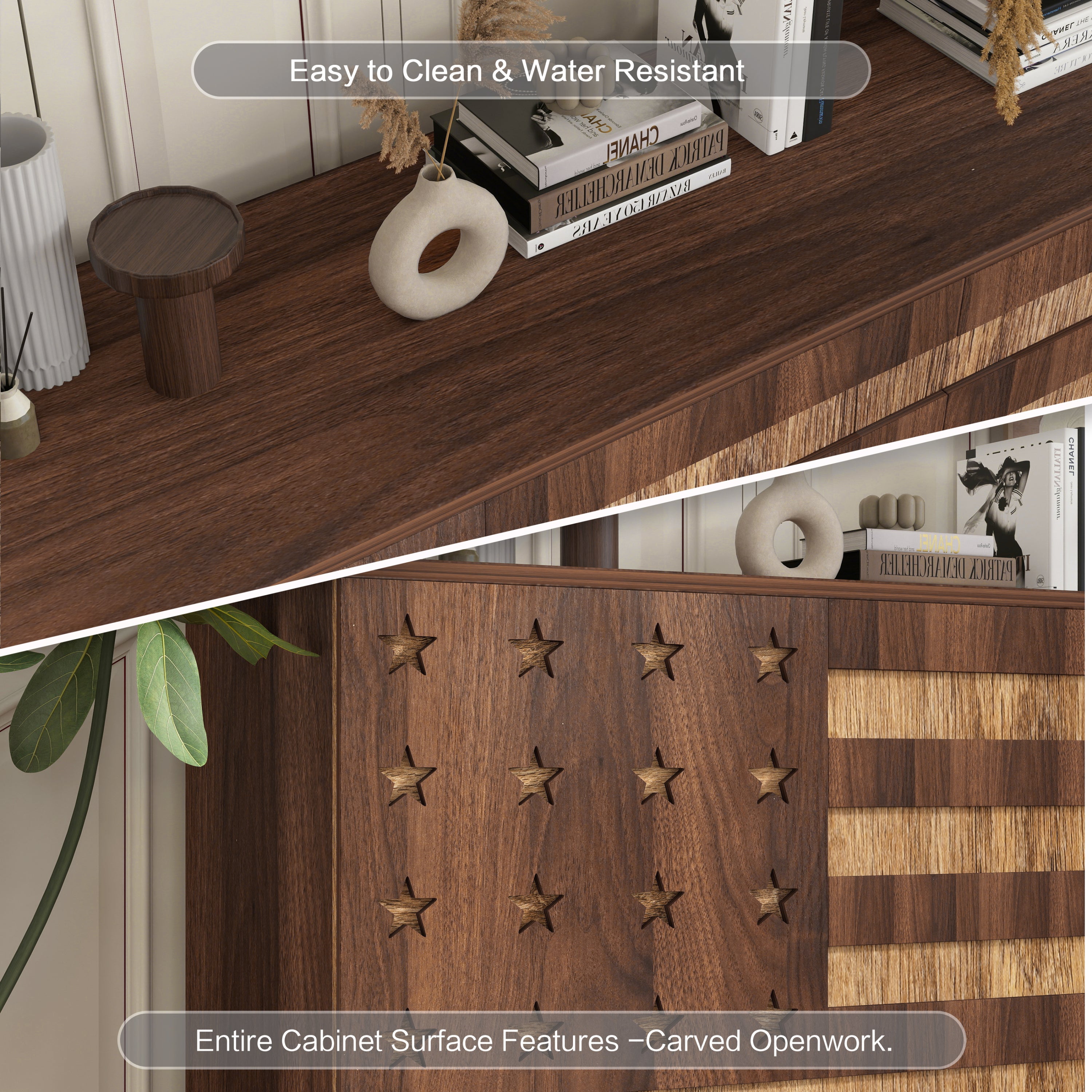 55' Buffet Sideboard Cabinet with Storage: Kitchen Storage cabinet With Hand Carved Craftsmanship with 2 Drawers and 3 Doors,Coffee Bar Console with Adjustable Shelves -for Entryway Living Room.Walnut