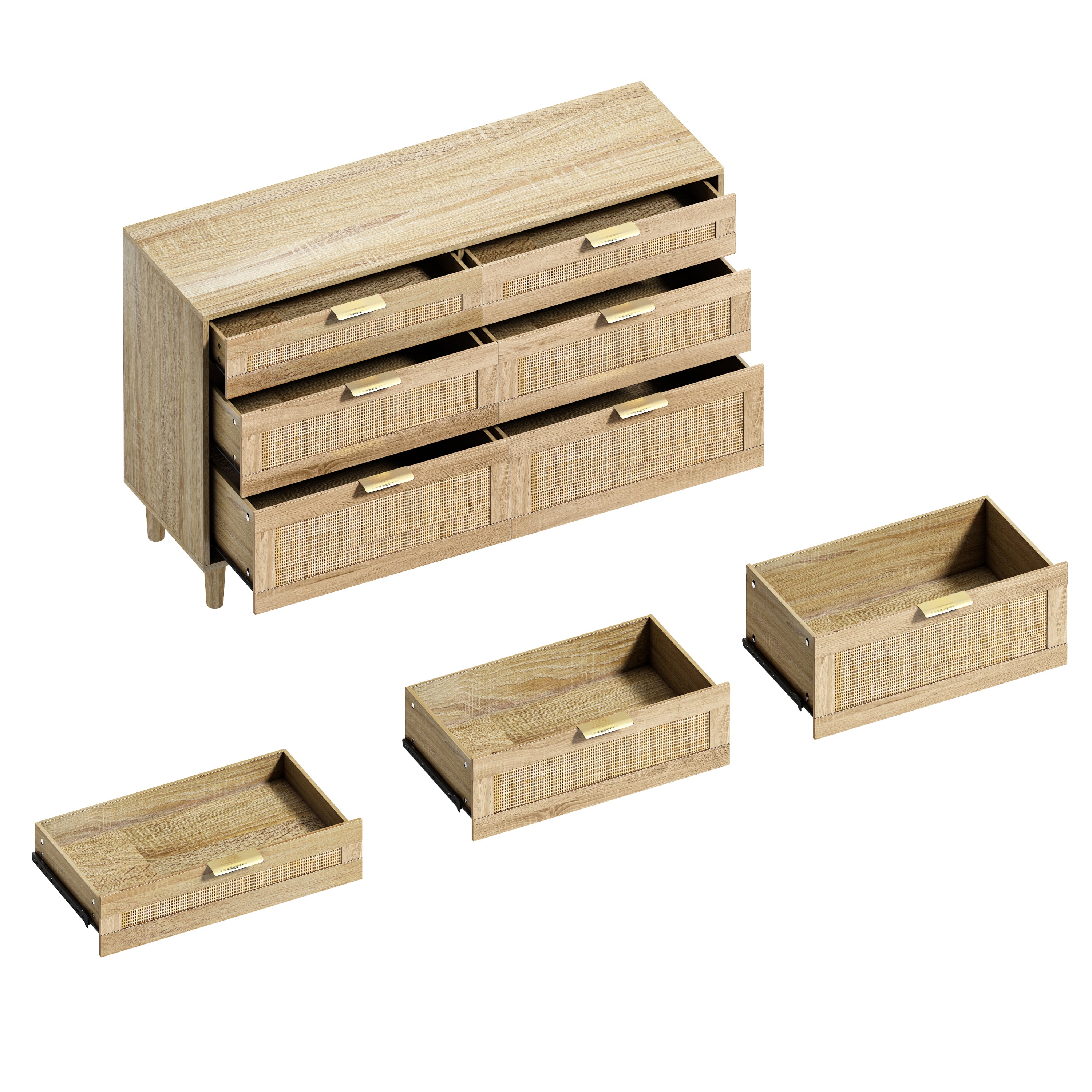 Natural Wood Rattan 6-Drawer Dresser Dresser