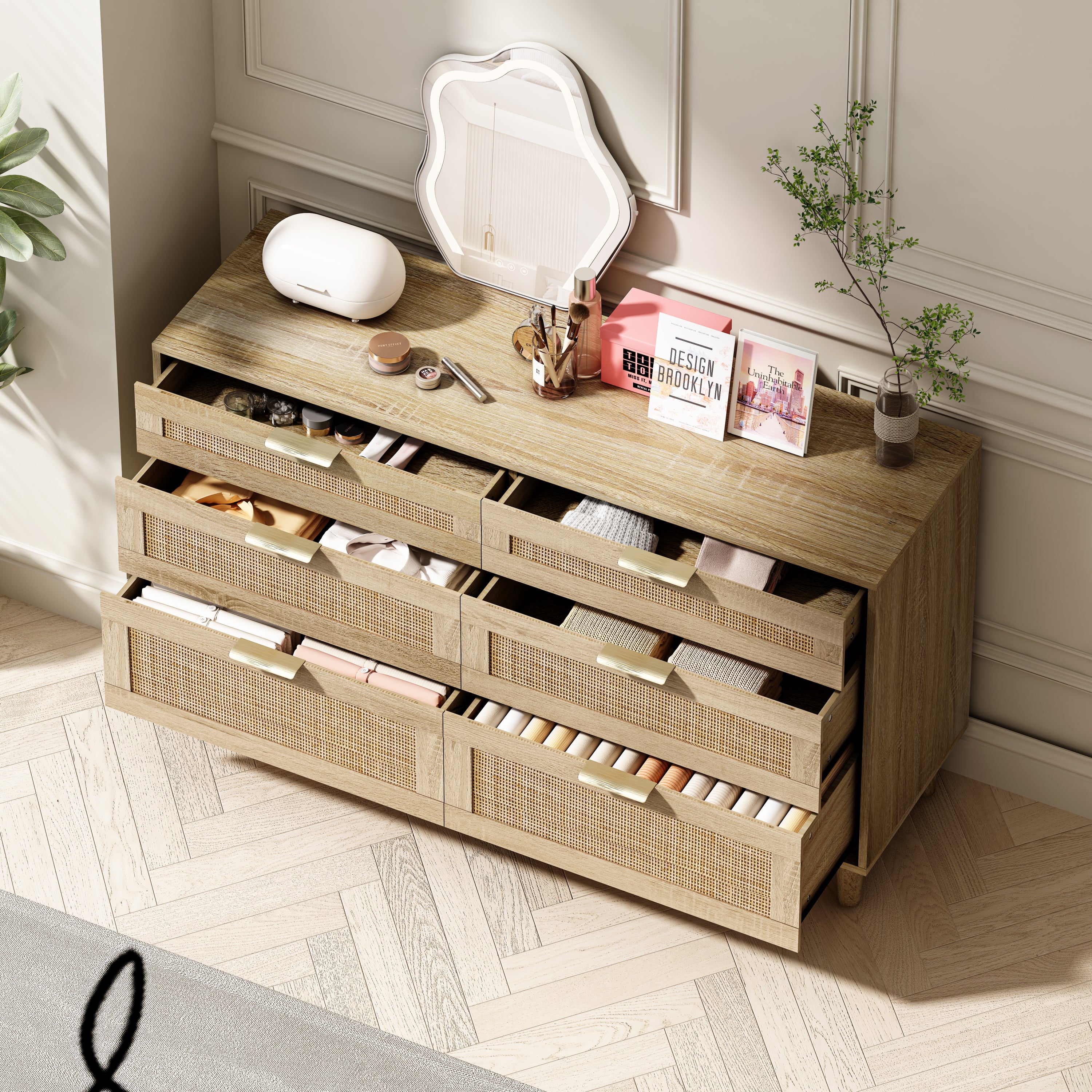 Natural Wood Rattan 6-Drawer Dresser Dresser
