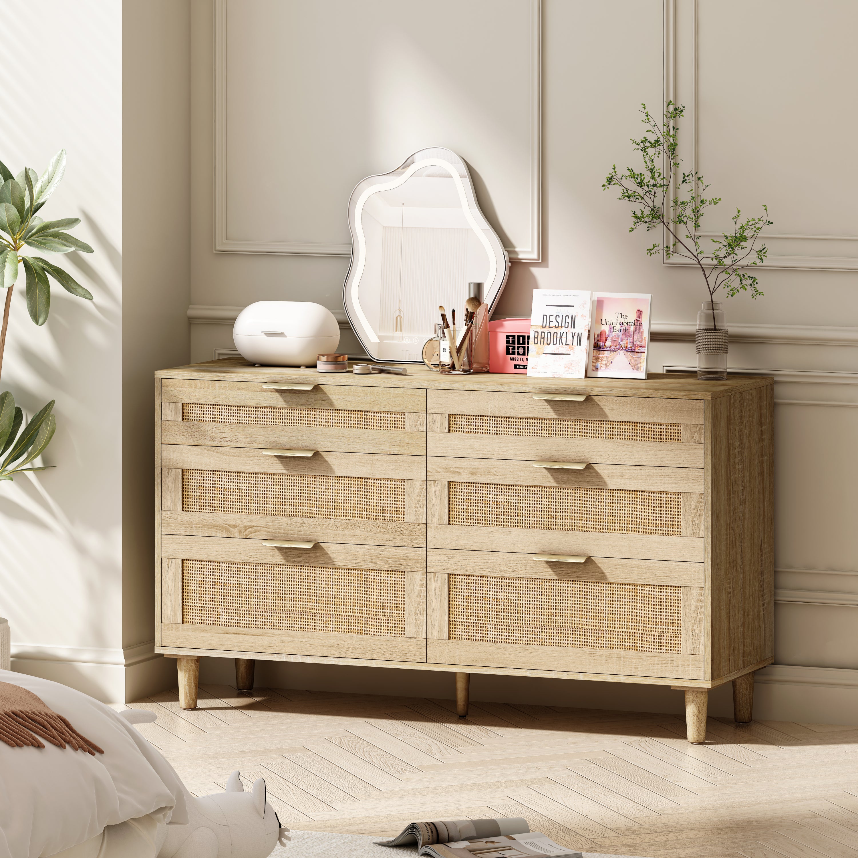 Natural Wood Rattan 6-Drawer Dresser Dresser