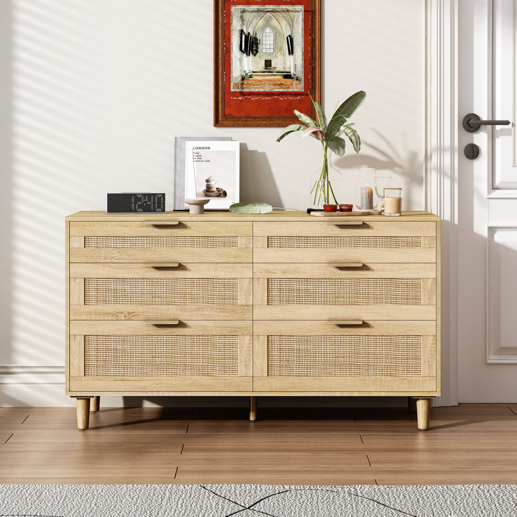 Natural Wood Rattan 6-Drawer Dresser Dresser