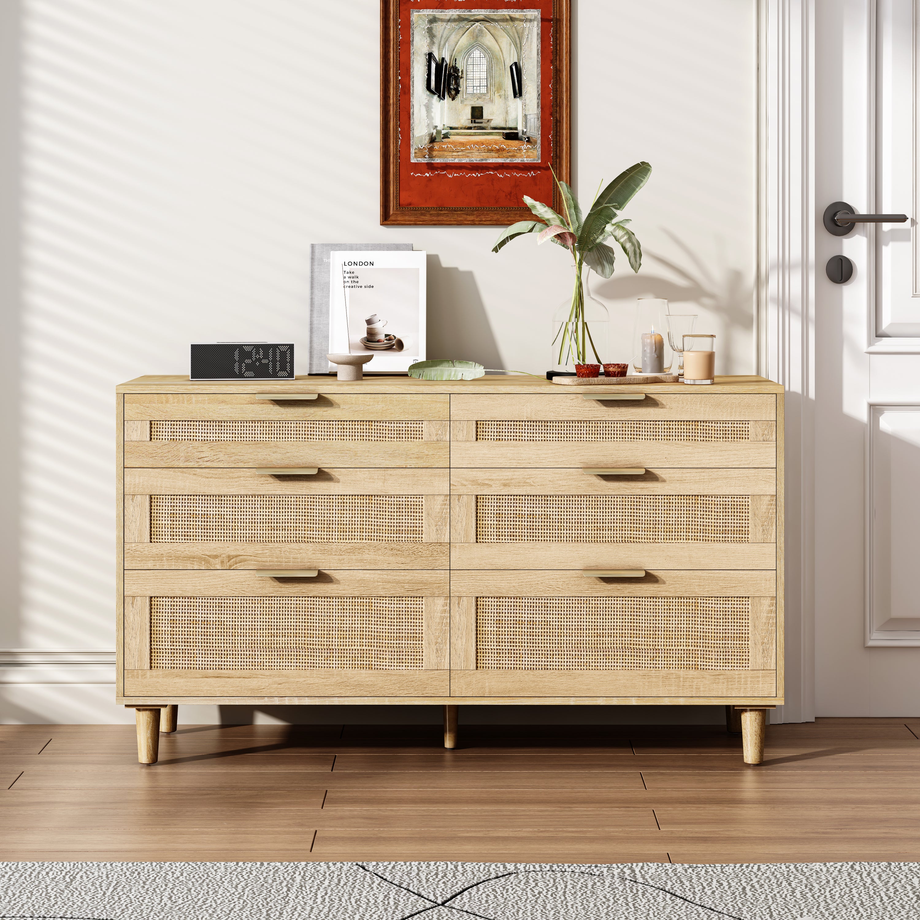 Natural Wood Rattan 6-Drawer Dresser Dresser