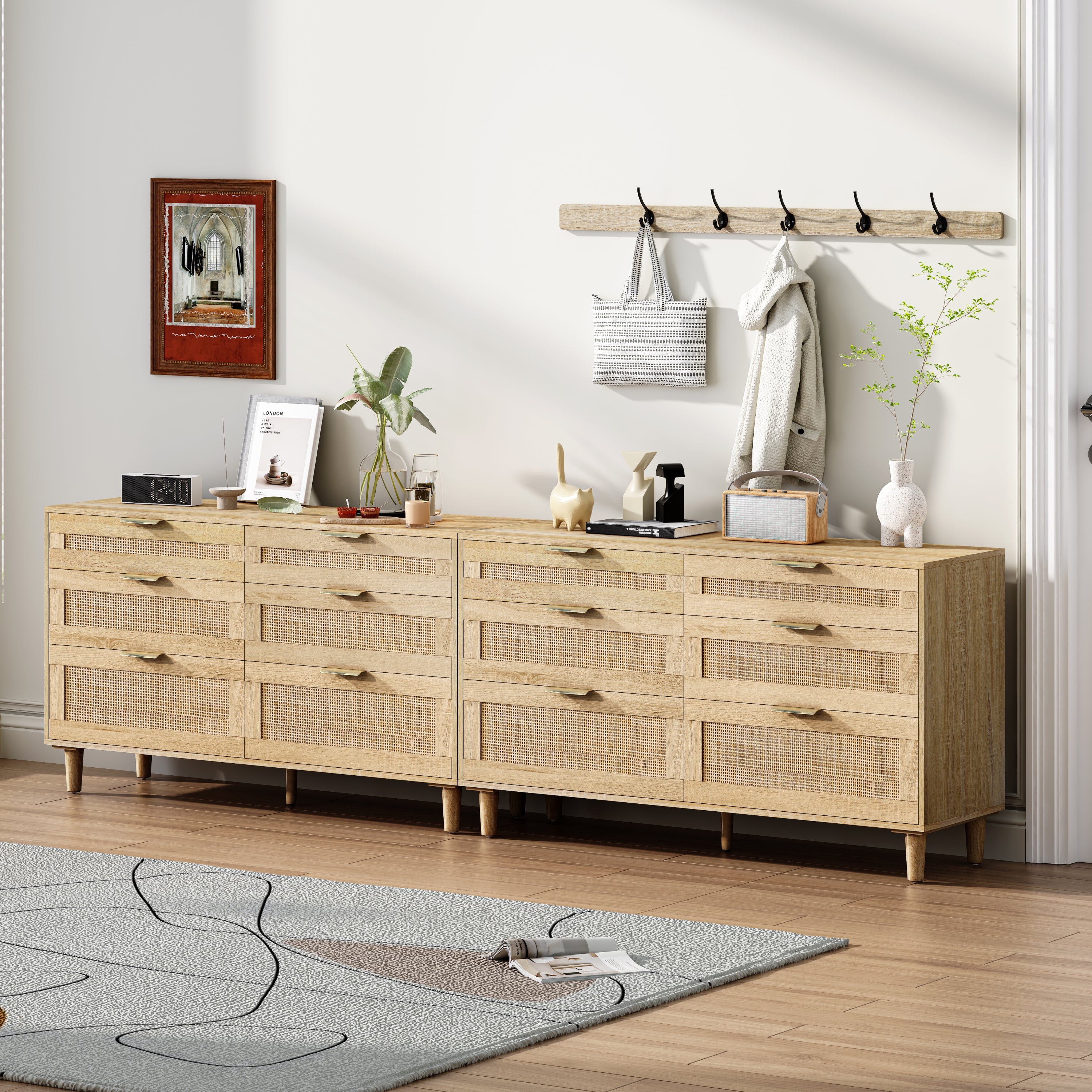Natural Wood Rattan 6-Drawer Dresser Dresser