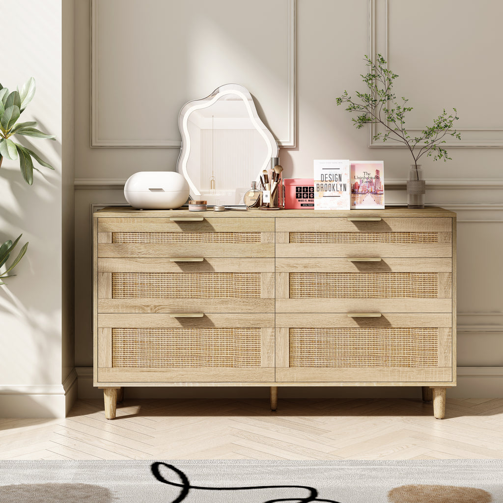Natural Wood Rattan 6-Drawer Dresser Dresser