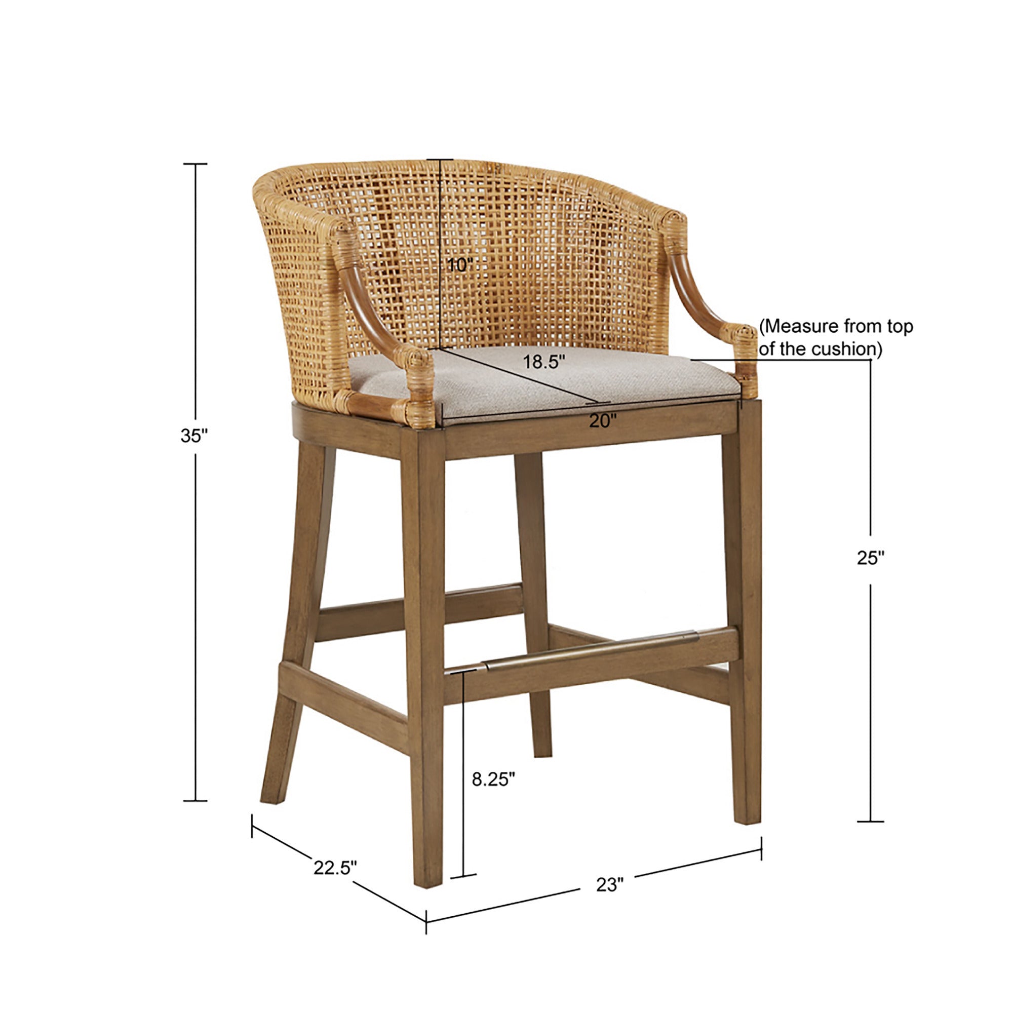 Handcrafted Rattan Counter Stool with Cushioned Seat in Natural Finish, 25' Height Bar Stools