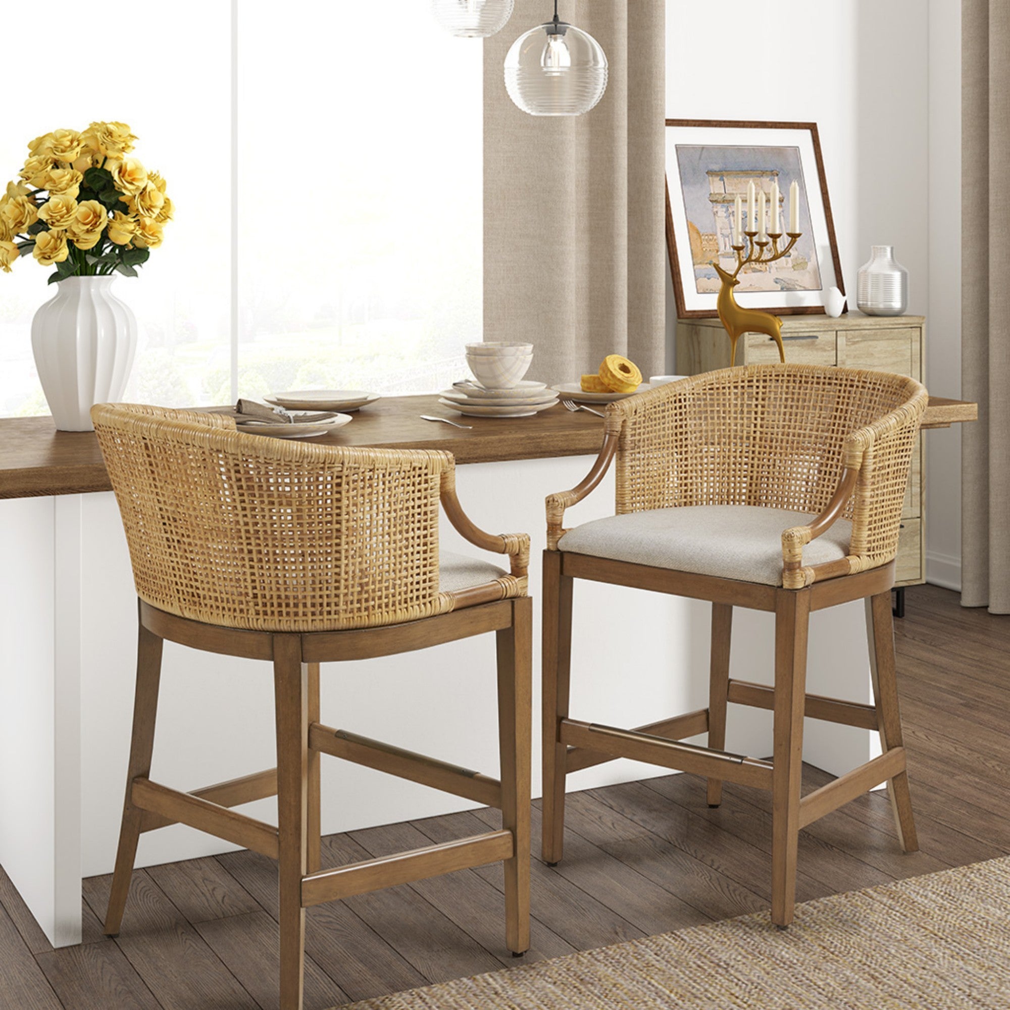 Handcrafted Rattan Counter Stool with Cushioned Seat in Natural Finish, 25' Height Bar Stools