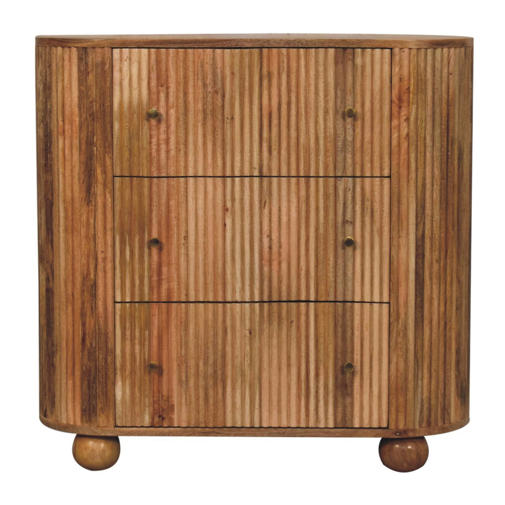 Wooden cabinet with three drawers on a white background