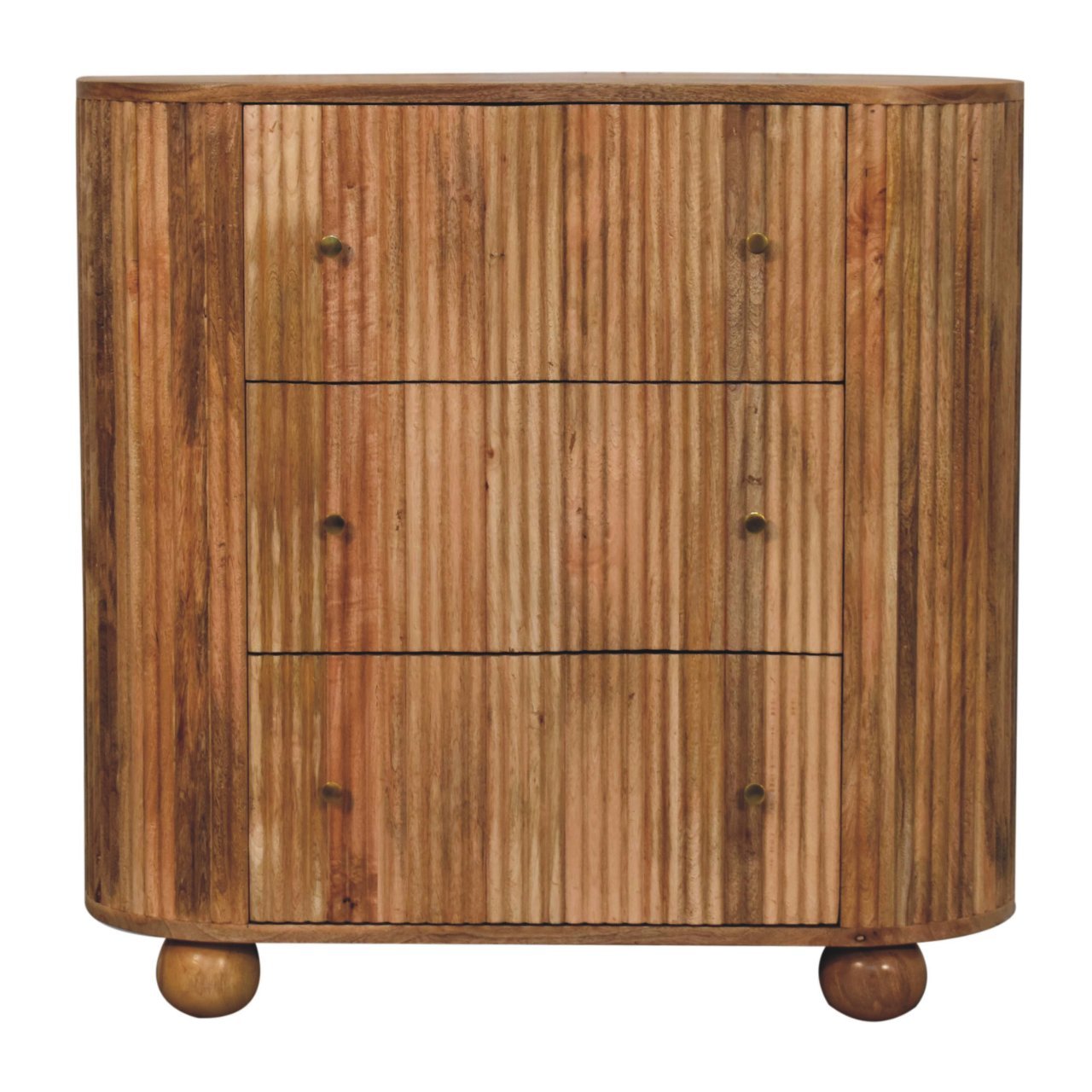 Wooden cabinet with three drawers on a white background