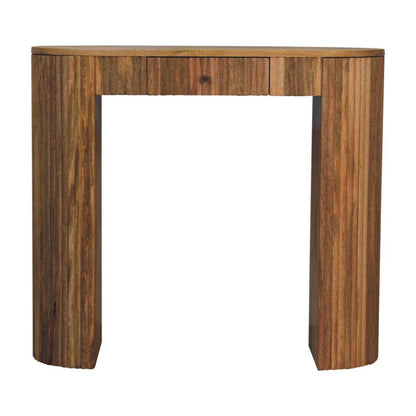 Wooden console table with a single drawer on a white background