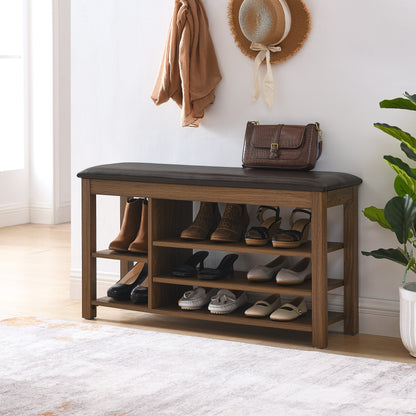 A height-adjustable long shoe-changing bench,made of natural rubberwood,comes with a comfortable seat,concealed storage space and large storage compartments. features natural wood grain.Brown