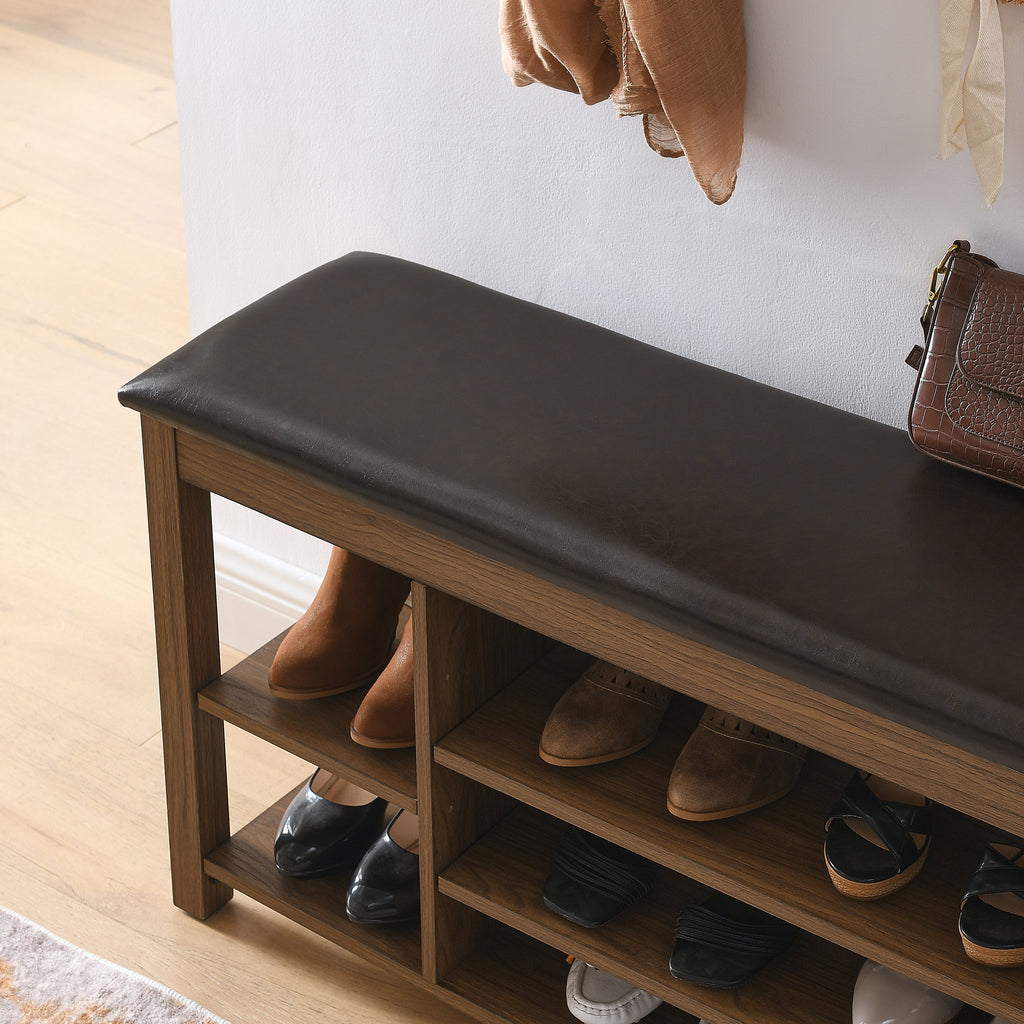A height-adjustable long shoe-changing bench,made of natural rubberwood,comes with a comfortable seat,concealed storage space and large storage compartments. features natural wood grain.Brown
