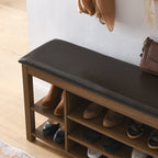 A height-adjustable long shoe-changing bench,made of natural rubberwood,comes with a comfortable seat,concealed storage space and large storage compartments. features natural wood grain.Brown