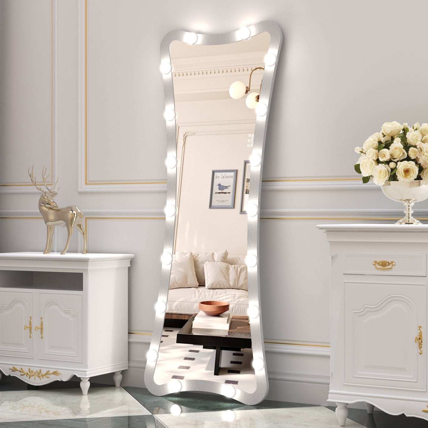 Hollywood Full Length Mirror with Lights Full Body Vanity Mirror with 3 Color Modes Lighted Standing Floor Mirror for Dressing Room Bedroom Wall Mounted Touch Control Silver 63x24