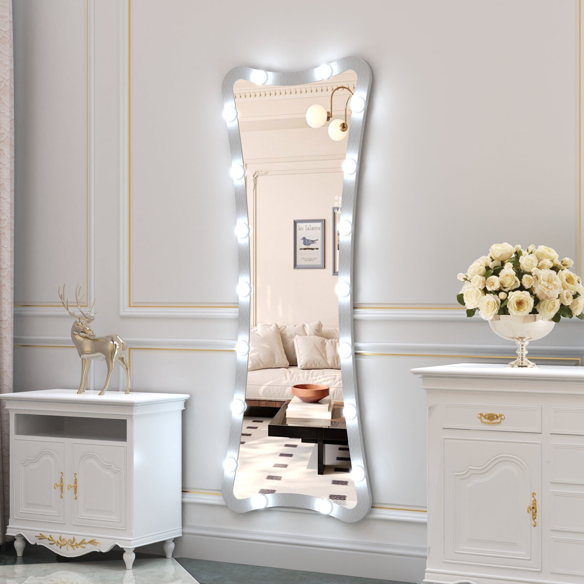Hollywood Full Length Mirror with Lights Full Body Vanity Mirror with 3 Color Modes Lighted Standing Floor Mirror for Dressing Room Bedroom Wall Mounted Touch Control Silver 63x24