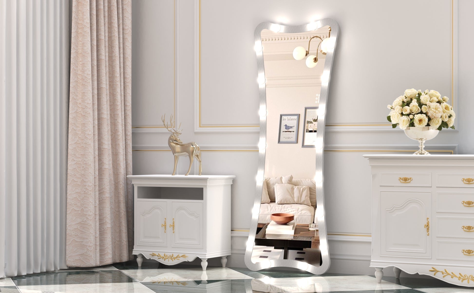 Hollywood Full Length Mirror with Lights Full Body Vanity Mirror with 3 Color Modes Lighted Standing Floor Mirror for Dressing Room Bedroom Wall Mounted Touch Control Silver 63x24