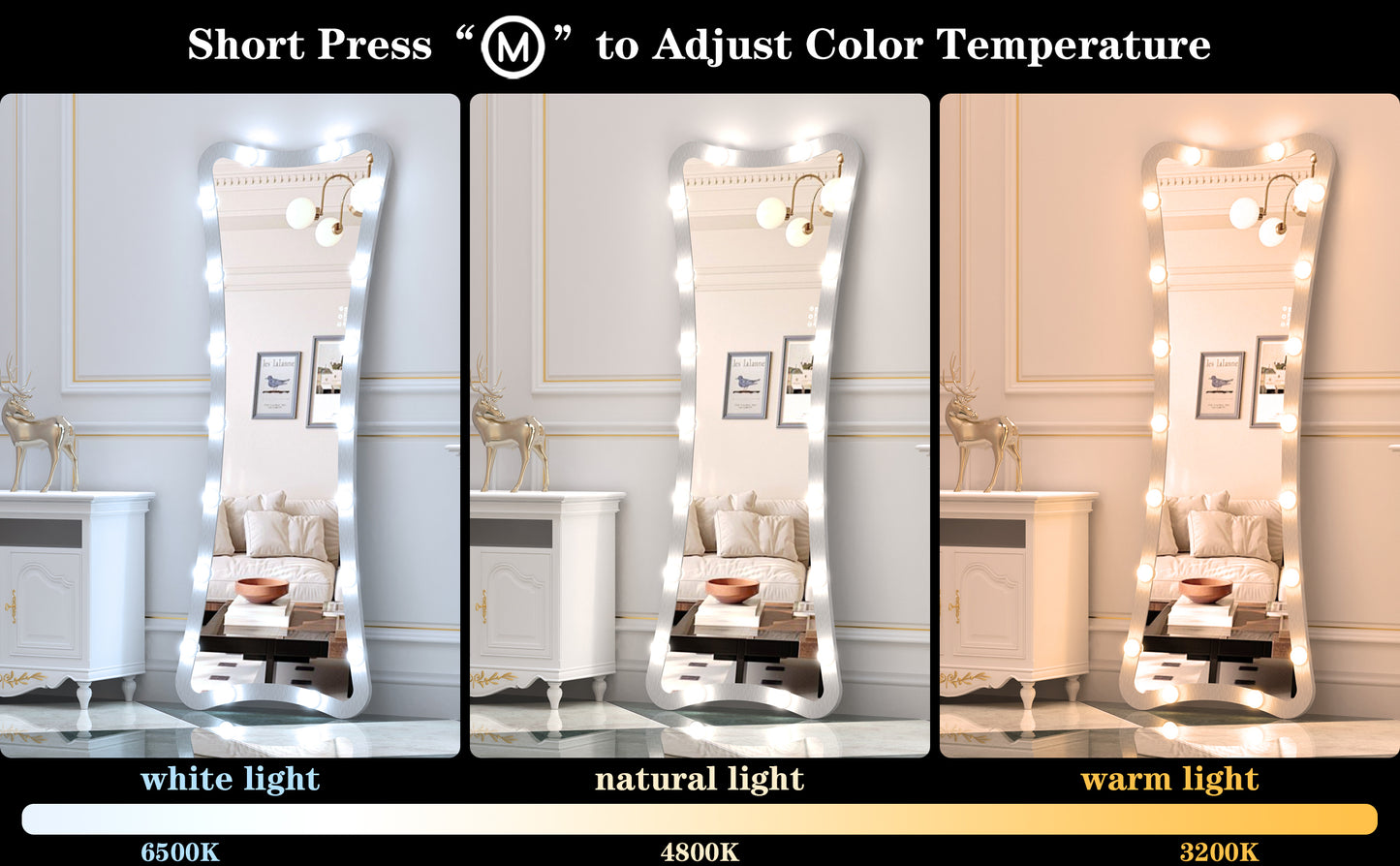 Hollywood Full Length Mirror with Lights Full Body Vanity Mirror with 3 Color Modes Lighted Standing Floor Mirror for Dressing Room Bedroom Wall Mounted Touch Control Silver 63x24
