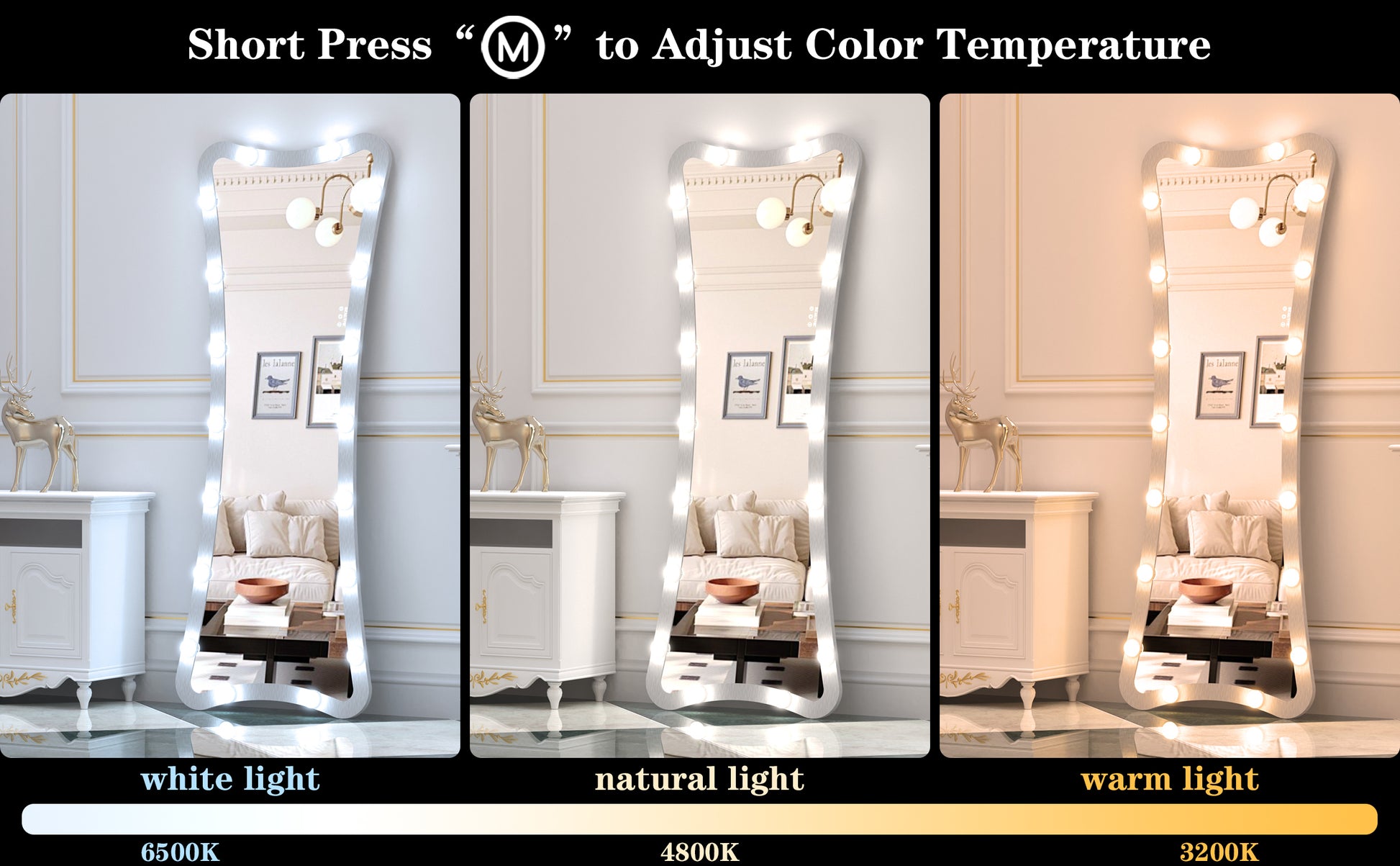 Hollywood Full Length Mirror with Lights Full Body Vanity Mirror with 3 Color Modes Lighted Standing Floor Mirror for Dressing Room Bedroom Wall Mounted Touch Control Silver 63x24