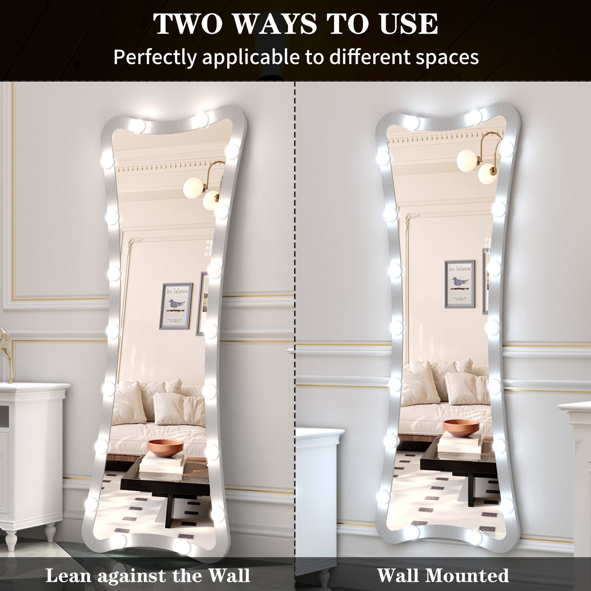 Hollywood Full Length Mirror with Lights Full Body Vanity Mirror with 3 Color Modes Lighted Standing Floor Mirror for Dressing Room Bedroom Wall Mounted Touch Control Silver 63x24