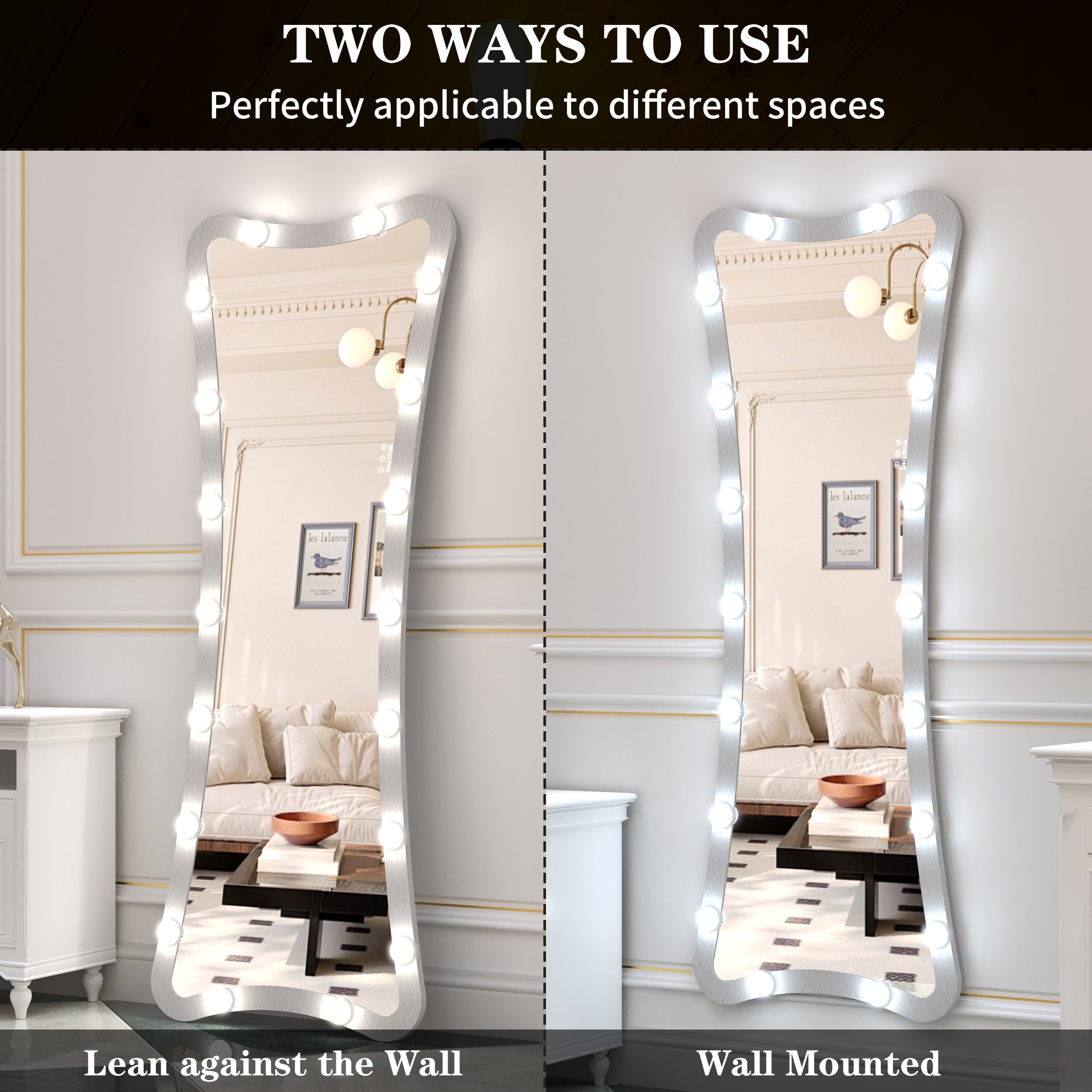 Hollywood Full Length Mirror with Lights Full Body Vanity Mirror with 3 Color Modes Lighted Standing Floor Mirror for Dressing Room Bedroom Wall Mounted Touch Control Silver 63x24