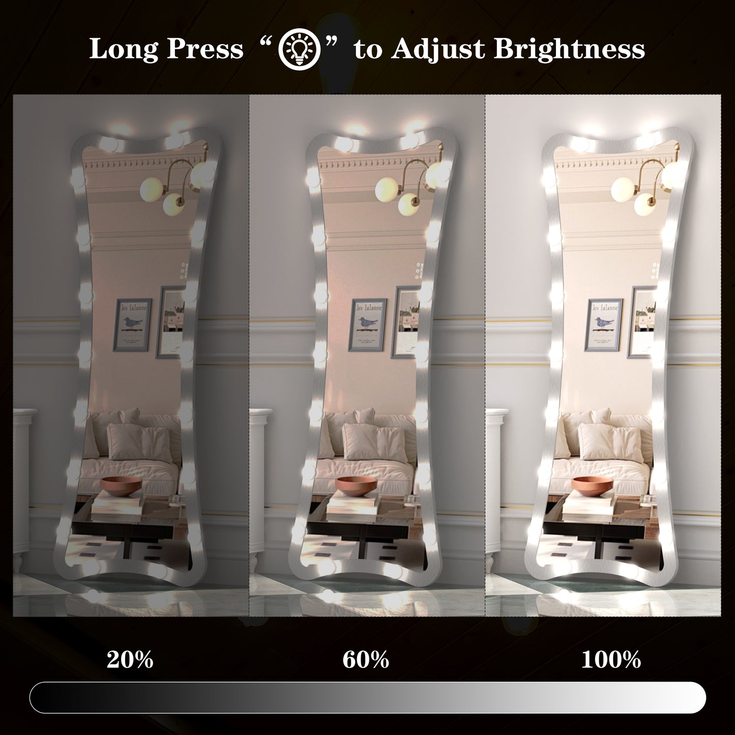 Hollywood Full Length Mirror with Lights Full Body Vanity Mirror with 3 Color Modes Lighted Standing Floor Mirror for Dressing Room Bedroom Wall Mounted Touch Control Silver 63x24