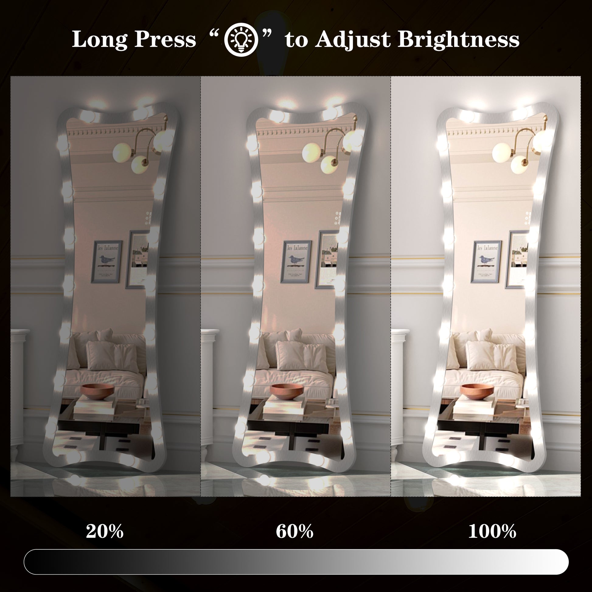 Hollywood Full Length Mirror with Lights Full Body Vanity Mirror with 3 Color Modes Lighted Standing Floor Mirror for Dressing Room Bedroom Wall Mounted Touch Control Silver 63x24