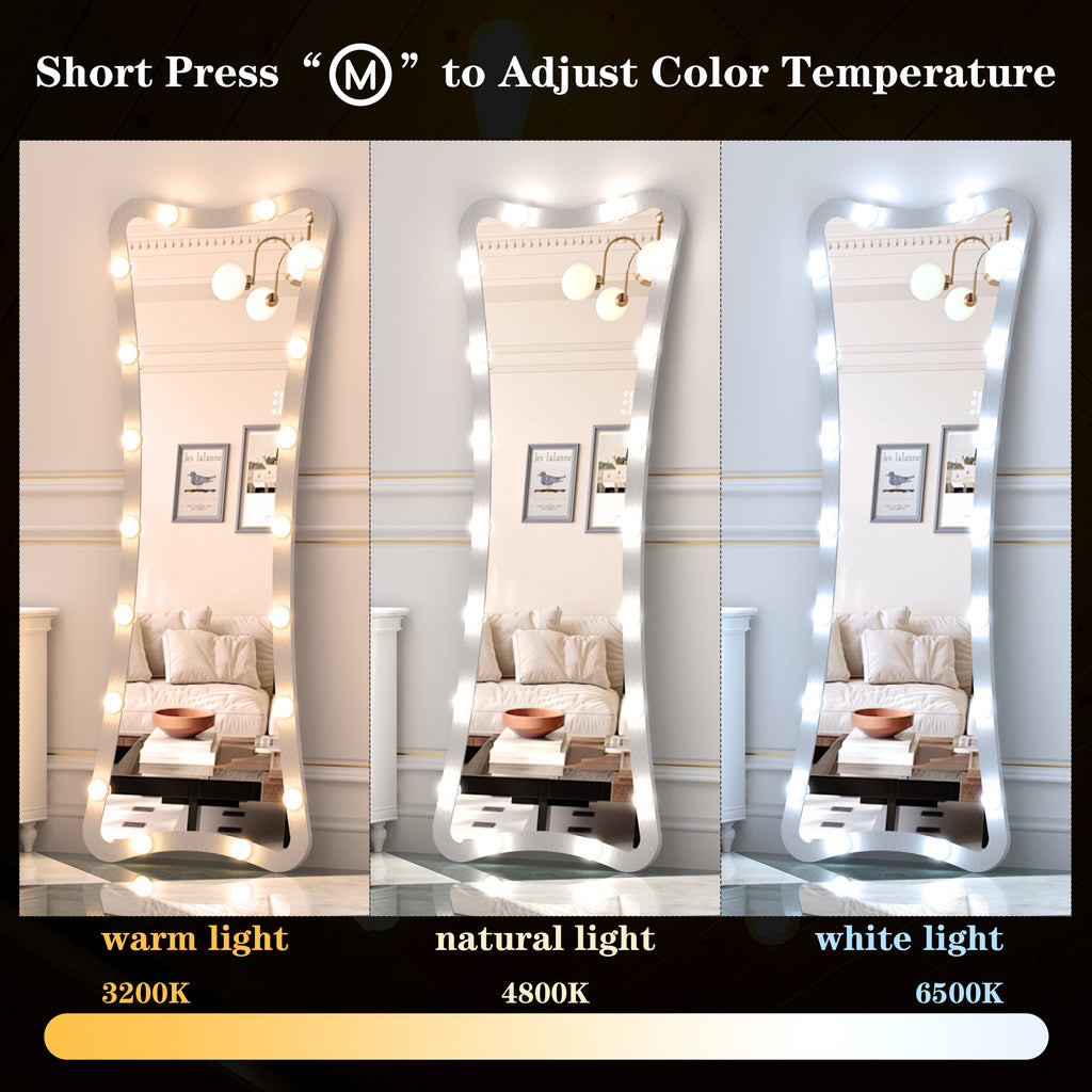 Hollywood Full Length Mirror with Lights Full Body Vanity Mirror with 3 Color Modes Lighted Standing Floor Mirror for Dressing Room Bedroom Wall Mounted Touch Control Silver 63x24