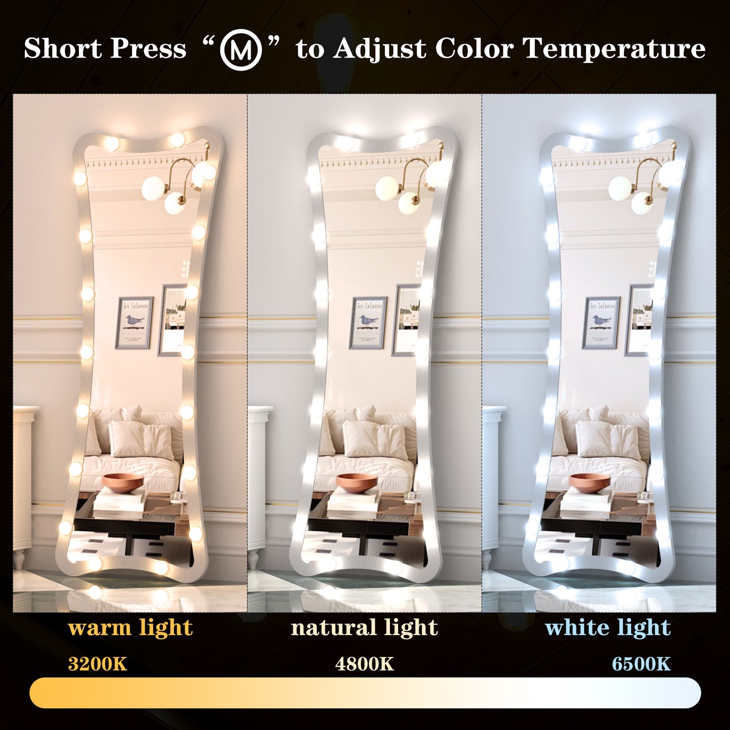 Hollywood Full Length Mirror with Lights Full Body Vanity Mirror with 3 Color Modes Lighted Standing Floor Mirror for Dressing Room Bedroom Wall Mounted Touch Control Silver 63x24