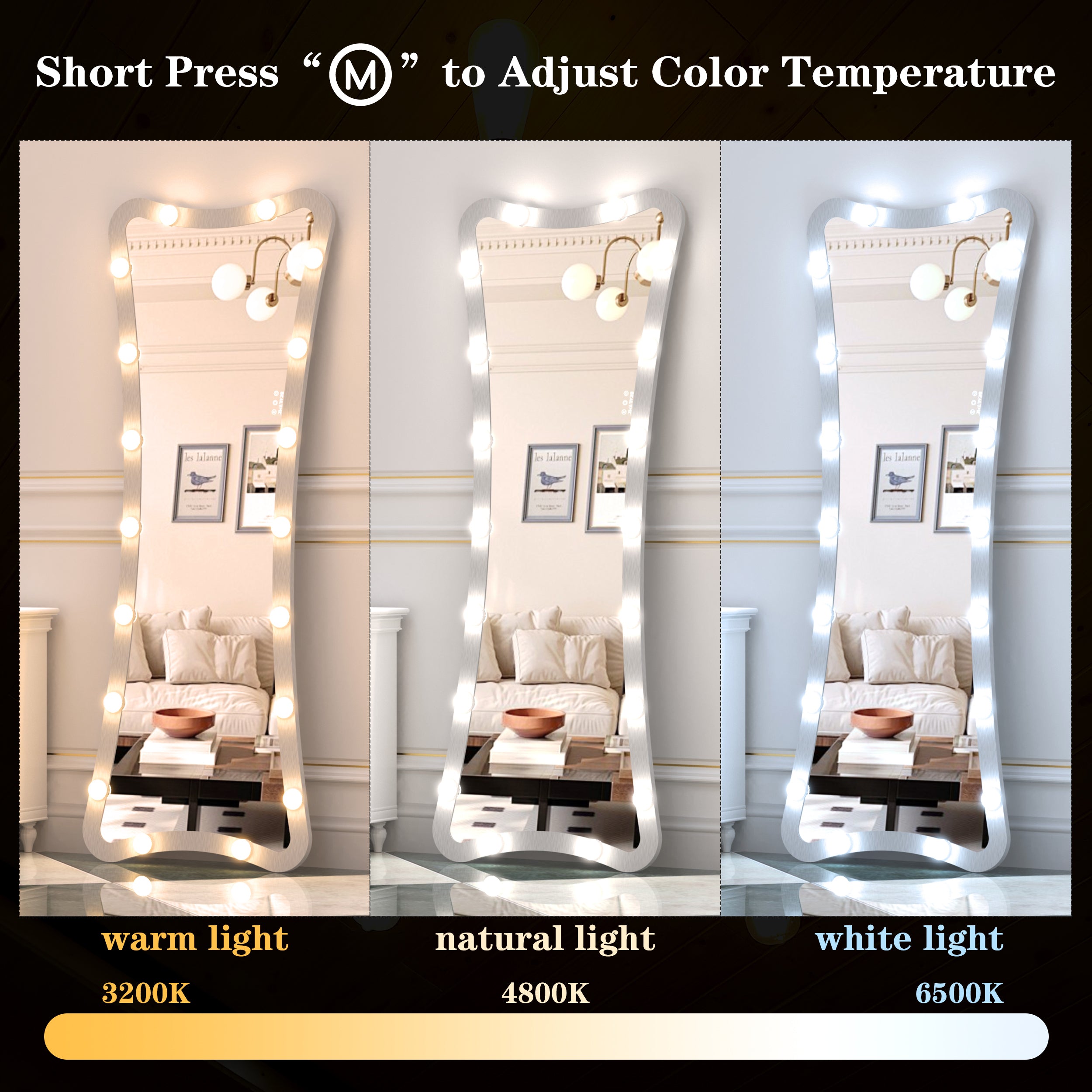 Hollywood Full Length Mirror with Lights Full Body Vanity Mirror with 3 Color Modes Lighted Standing Floor Mirror for Dressing Room Bedroom Wall Mounted Touch Control Silver 63x24