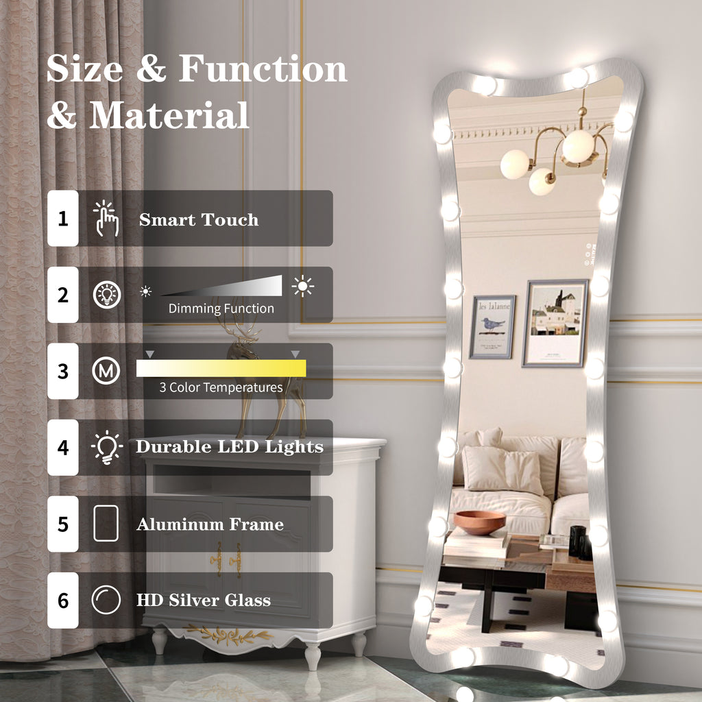Hollywood Full Length Mirror with Lights Full Body Vanity Mirror with 3 Color Modes Lighted Standing Floor Mirror for Dressing Room Bedroom Wall Mounted Touch Control Silver 63x24