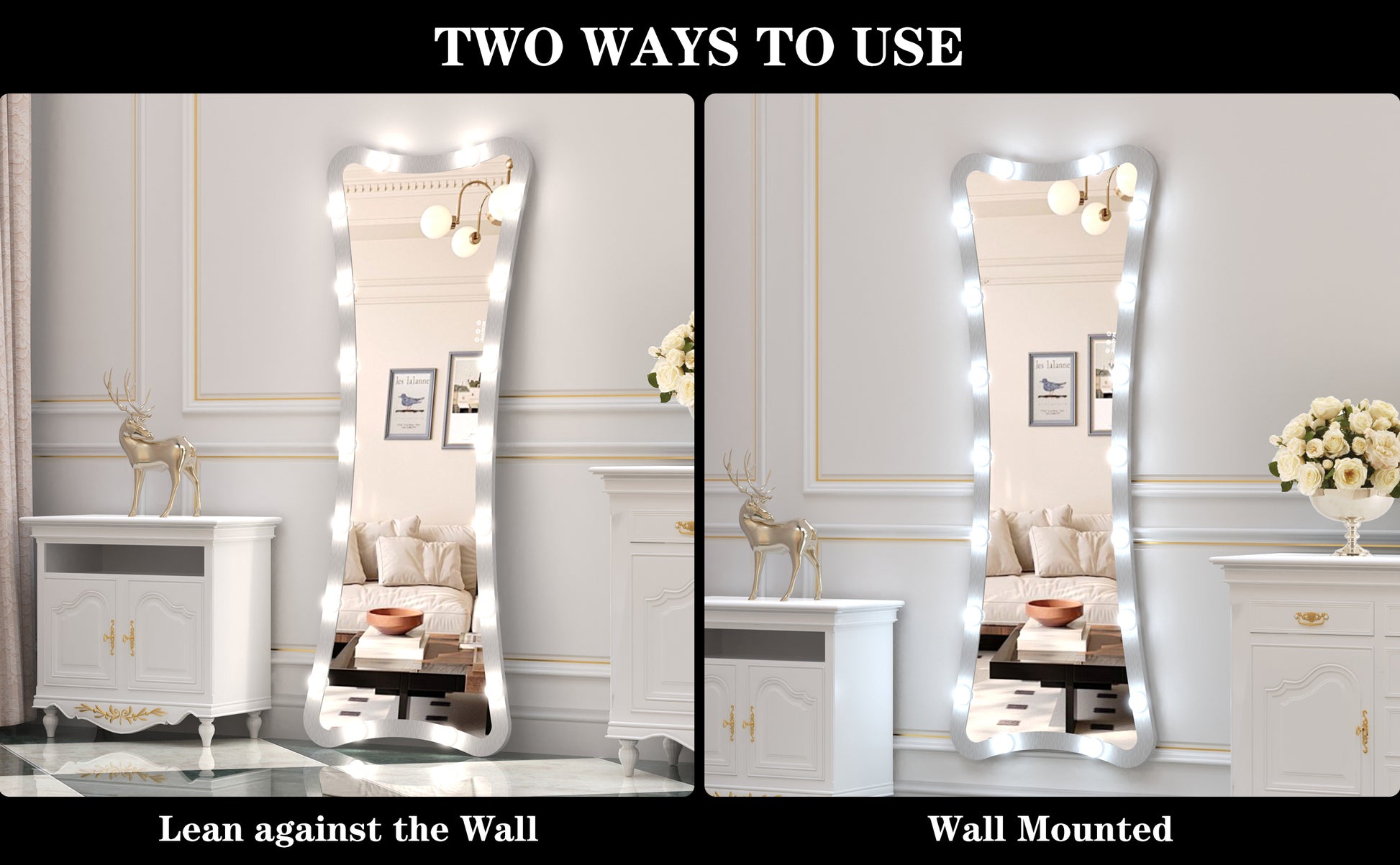 Hollywood Full Length Mirror with Lights Full Body Vanity Mirror with 3 Color Modes Lighted Standing Floor Mirror for Dressing Room Bedroom Wall Mounted Touch Control Silver 63x24