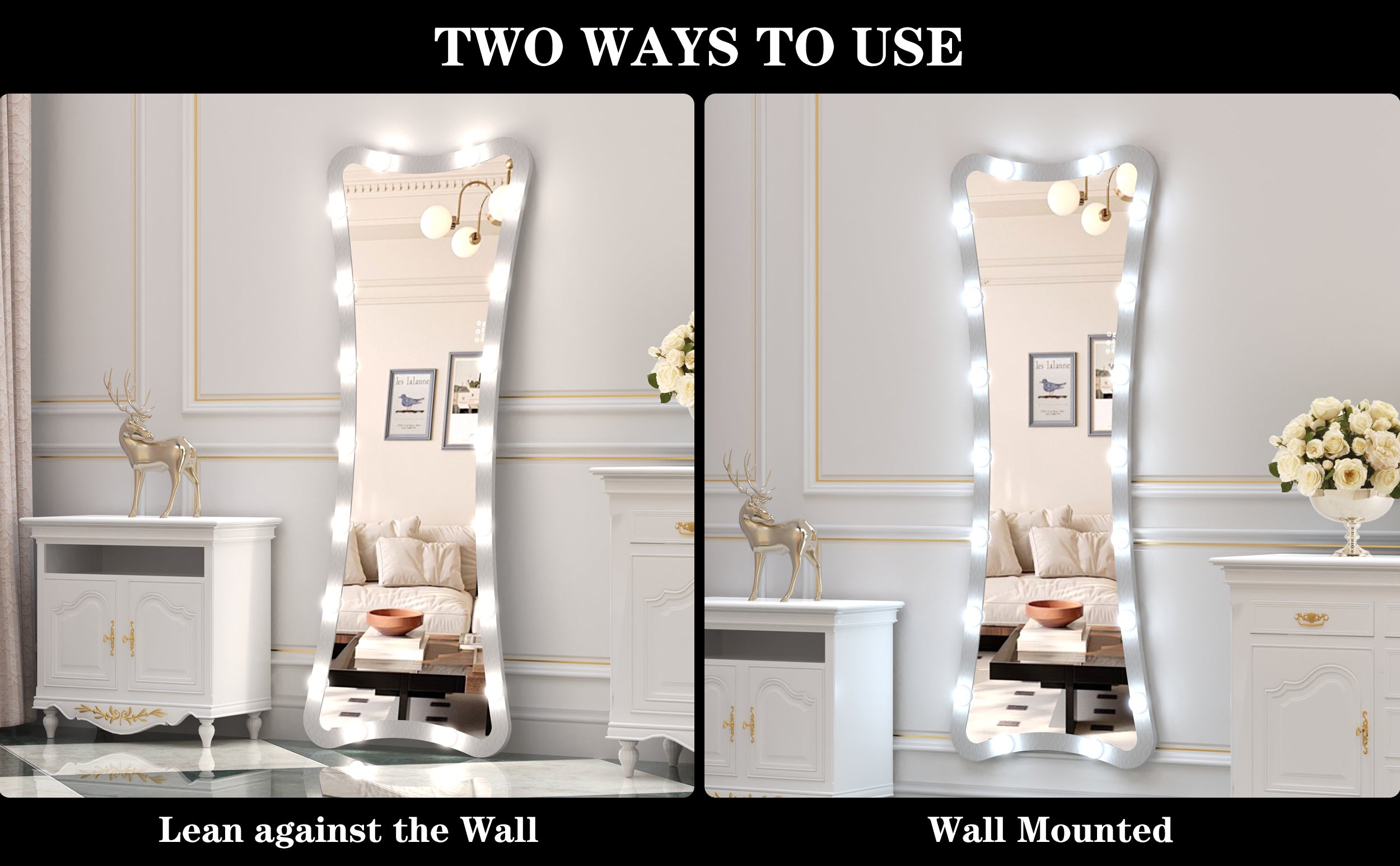Hollywood Full Length Mirror with Lights Full Body Vanity Mirror with 3 Color Modes Lighted Standing Floor Mirror for Dressing Room Bedroom Wall Mounted Touch Control Silver 63x24