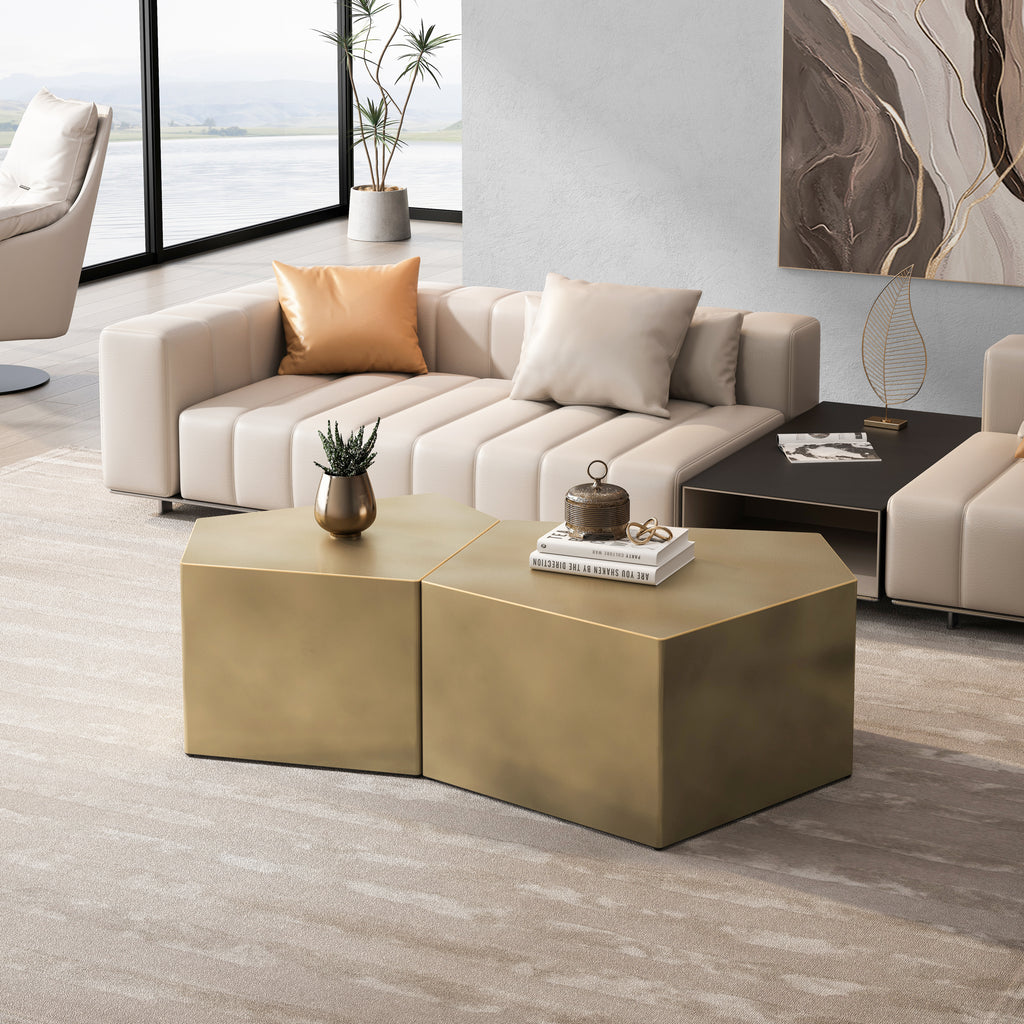 Irregular Pentagon Nesting Coffee Table Set, Geometric Coffee Table Set, Side Table Set, Cocktail Table Set, Center table set for Living Room, Antique Brass, Antique Gold,Copper Gold(Set of 2 Pieces)