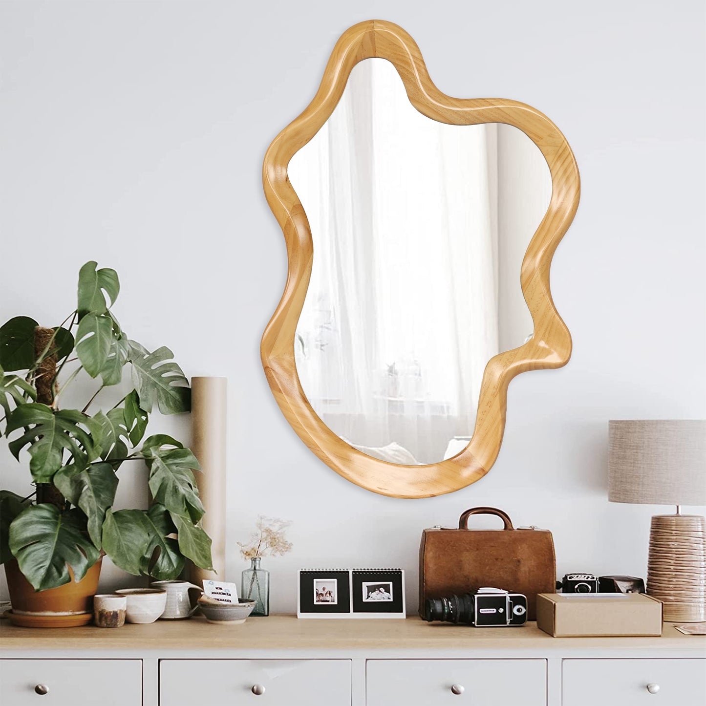 33.46' x 22.24' Irregular Shaped Wall Mirror with Natural Wood Frame Mirror