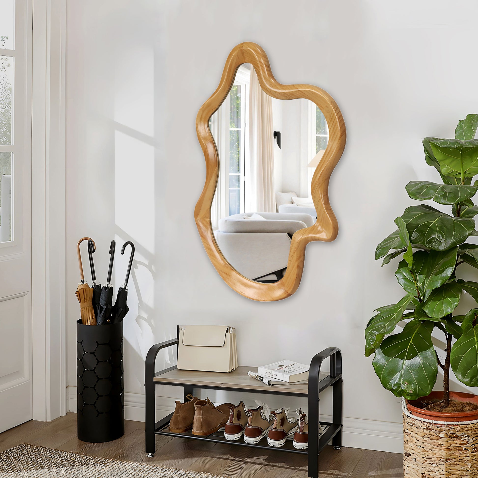 33.46' x 22.24' Irregular Shaped Wall Mirror with Natural Wood Frame Mirror