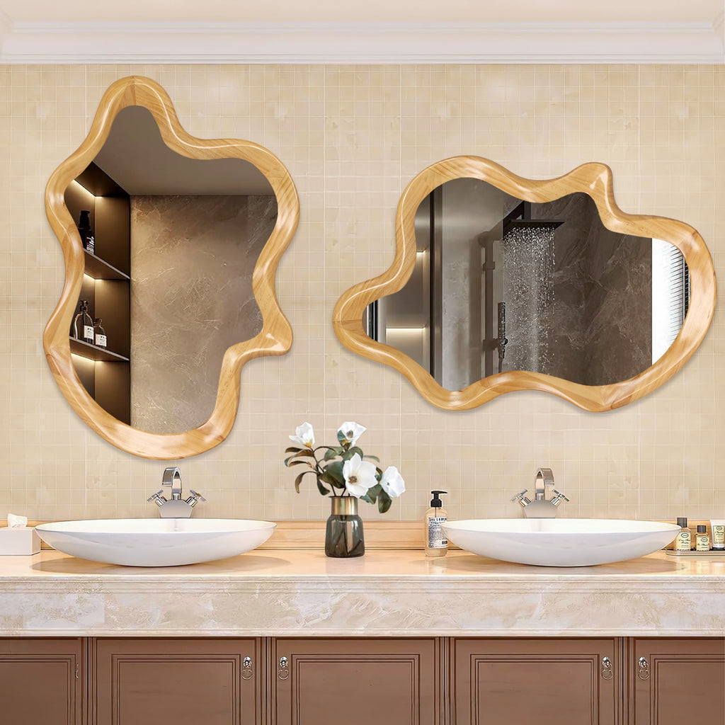 33.46' x 22.24' Irregular Shaped Wall Mirror with Natural Wood Frame Mirror