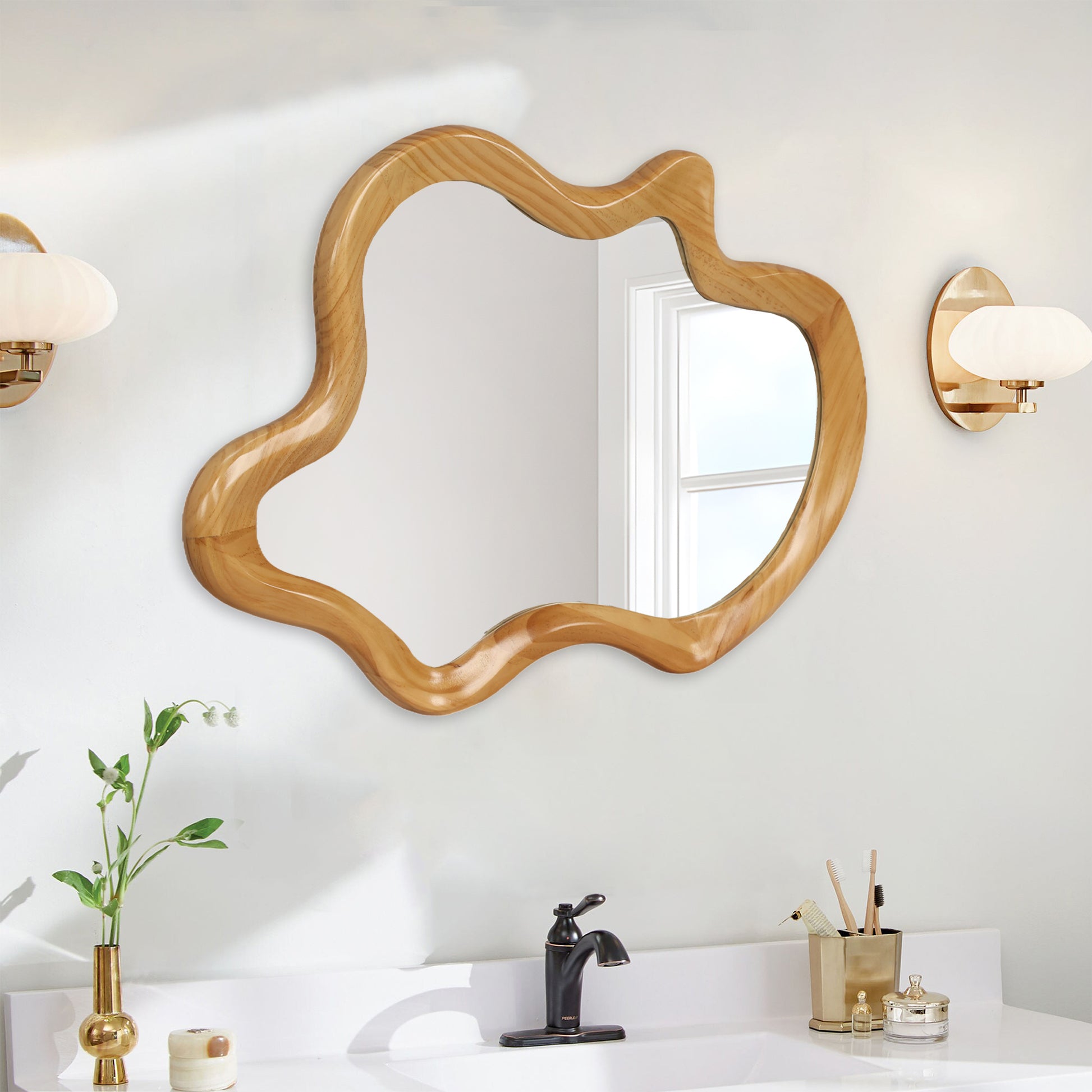 33.46' x 22.24' Irregular Shaped Wall Mirror with Natural Wood Frame Mirror