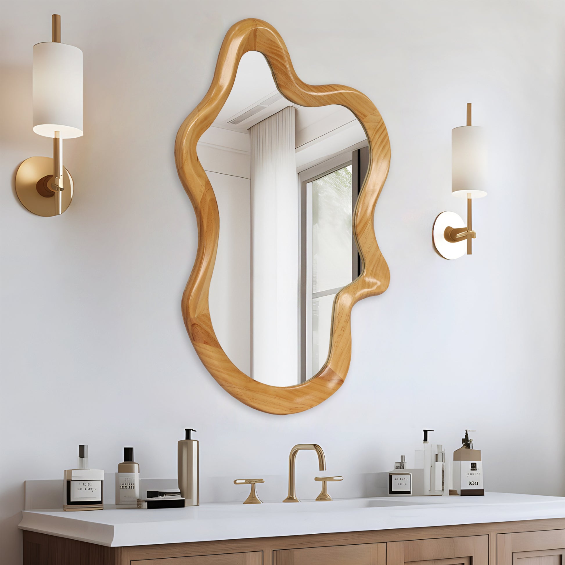 33.46' x 22.24' Irregular Shaped Wall Mirror with Natural Wood Frame Mirror