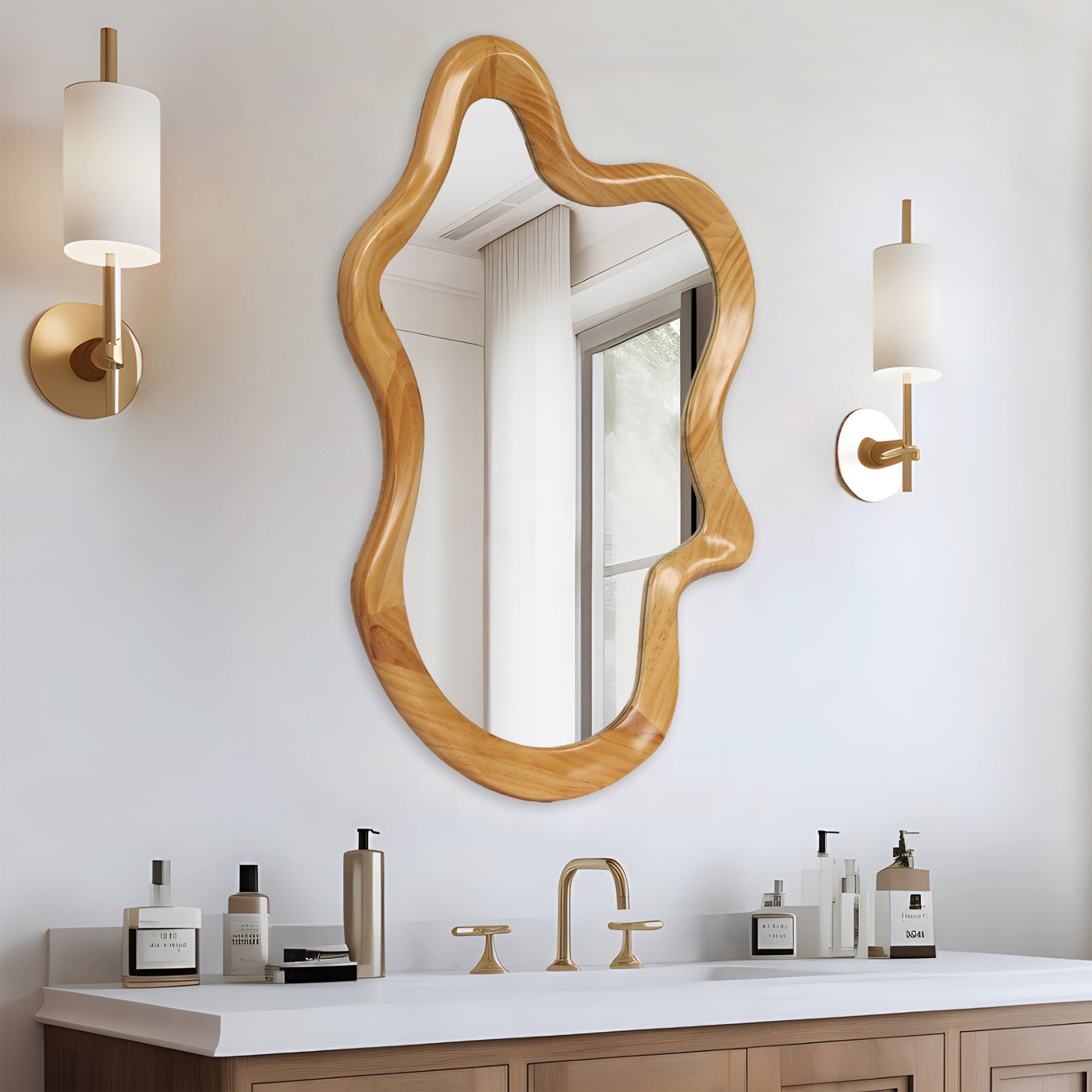33.46' x 22.24' Irregular Shaped Wall Mirror with Natural Wood Frame Mirror
