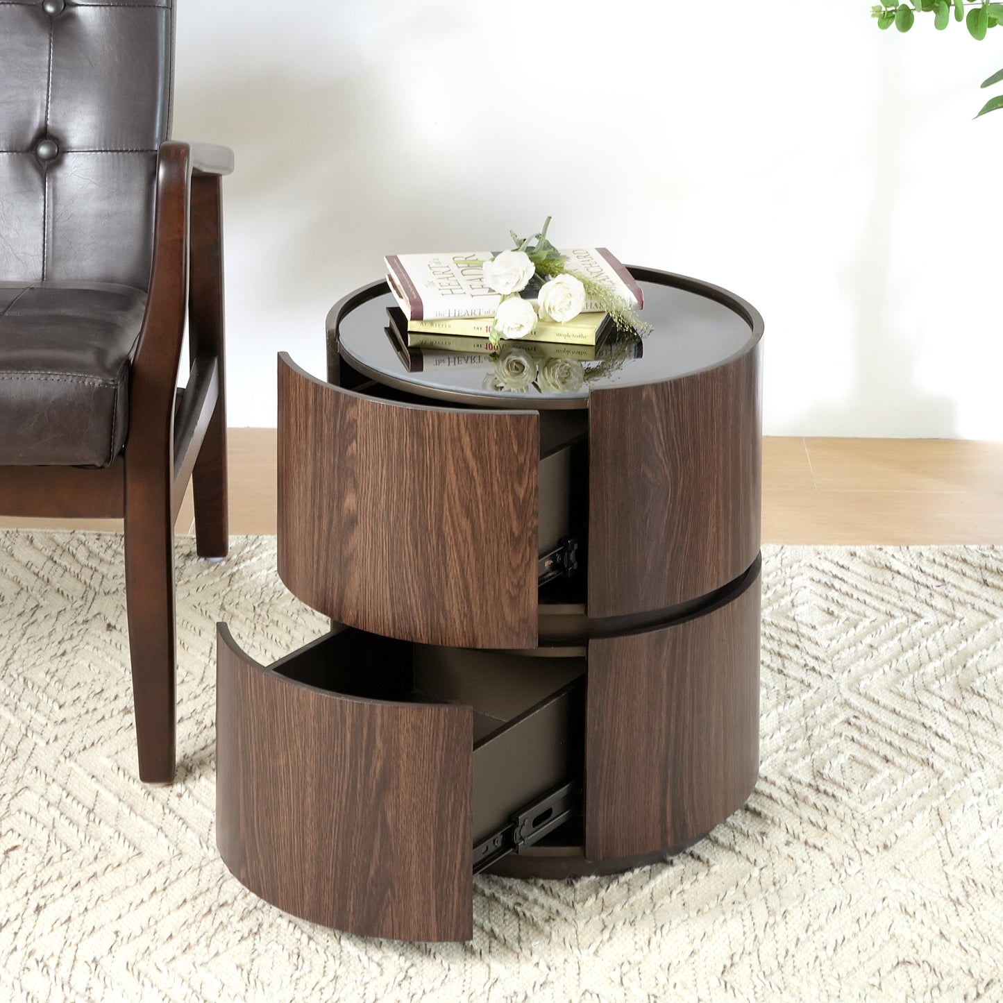 Elegant MDF Italian High-Grade Double-Layer Storage Round Side Table in Brown and Black with Tempered Glass Top