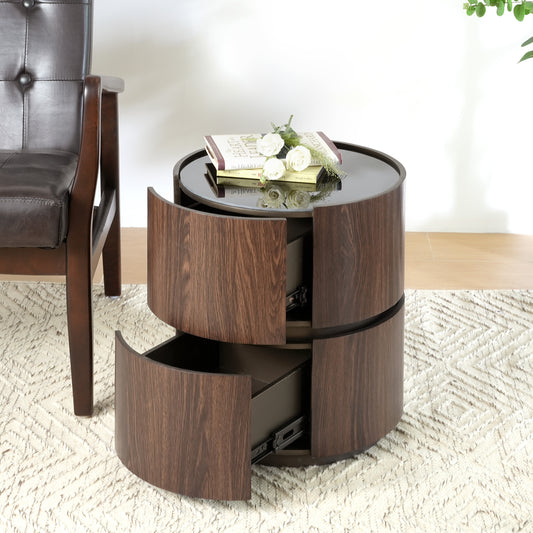Elegant MDF Italian High-Grade Double-Layer Storage Round Side Table in Brown and Black with Tempered Glass Top