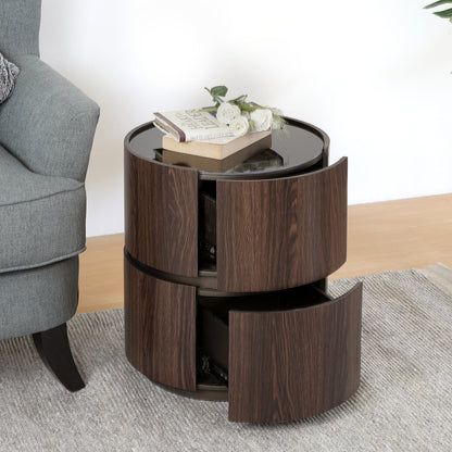Elegant MDF Italian High-Grade Double-Layer Storage Round Side Table in Brown and Black with Tempered Glass Top