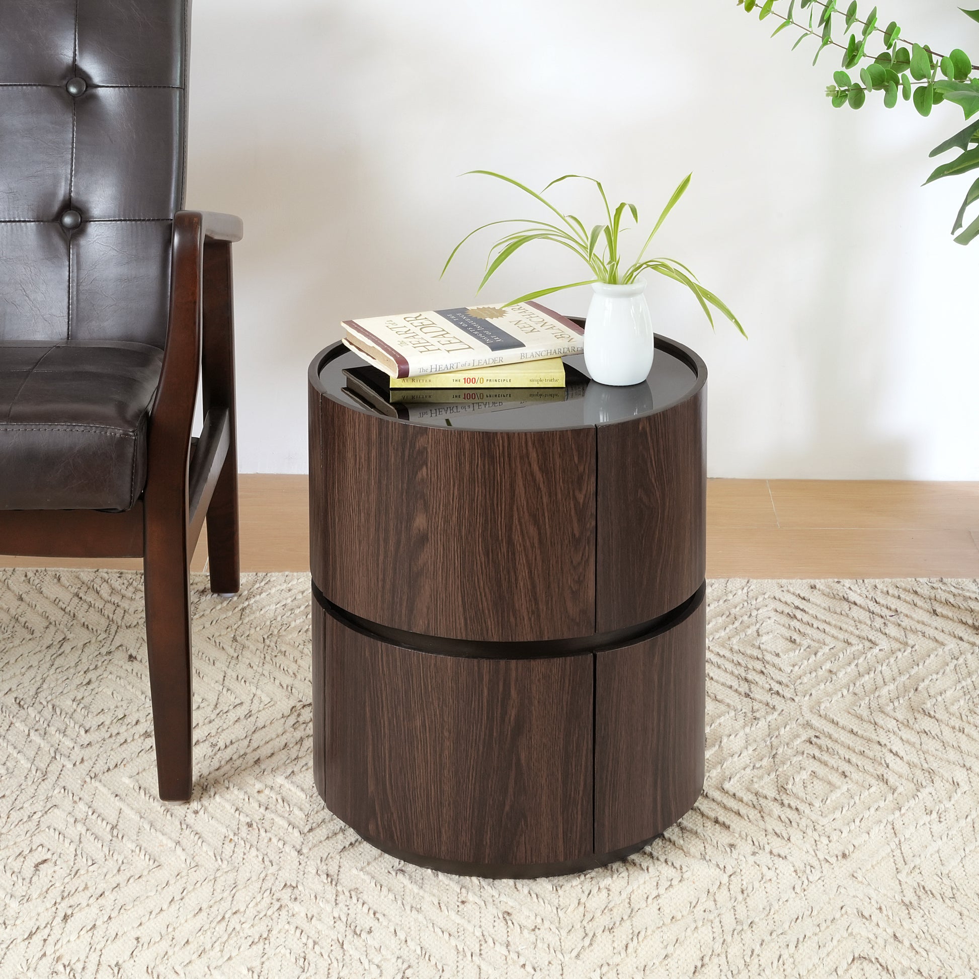 Elegant MDF Italian High-Grade Double-Layer Storage Round Side Table in Brown and Black with Tempered Glass Top