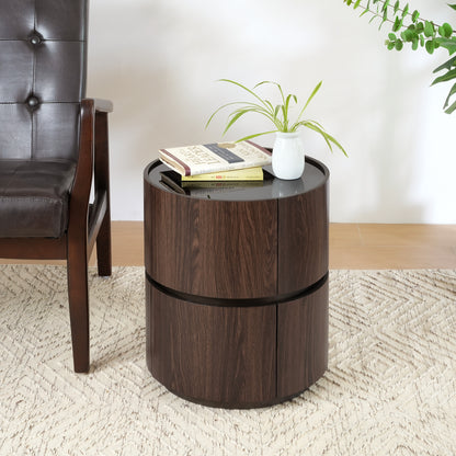 Elegant MDF Italian High-Grade Double-Layer Storage Round Side Table in Brown and Black with Tempered Glass Top