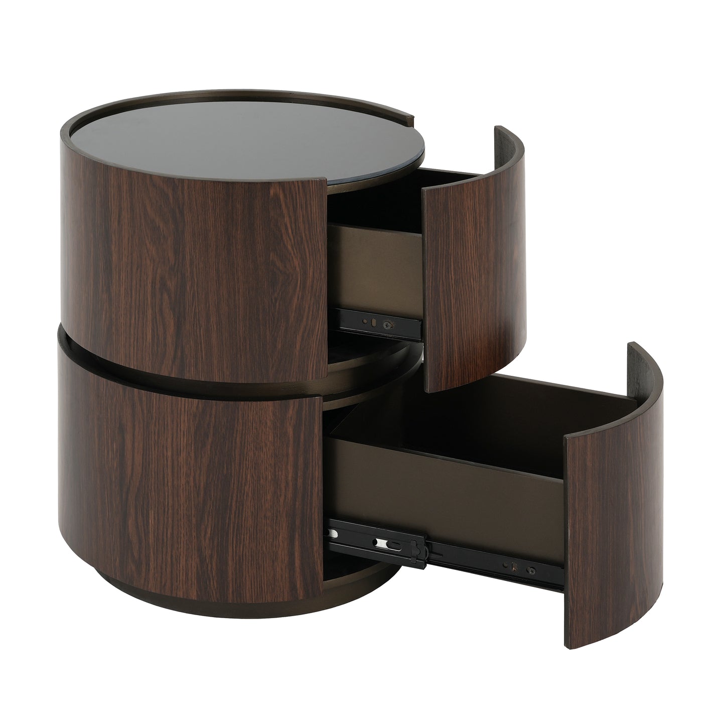 Elegant MDF Italian High-Grade Double-Layer Storage Round Side Table in Brown and Black with Tempered Glass Top