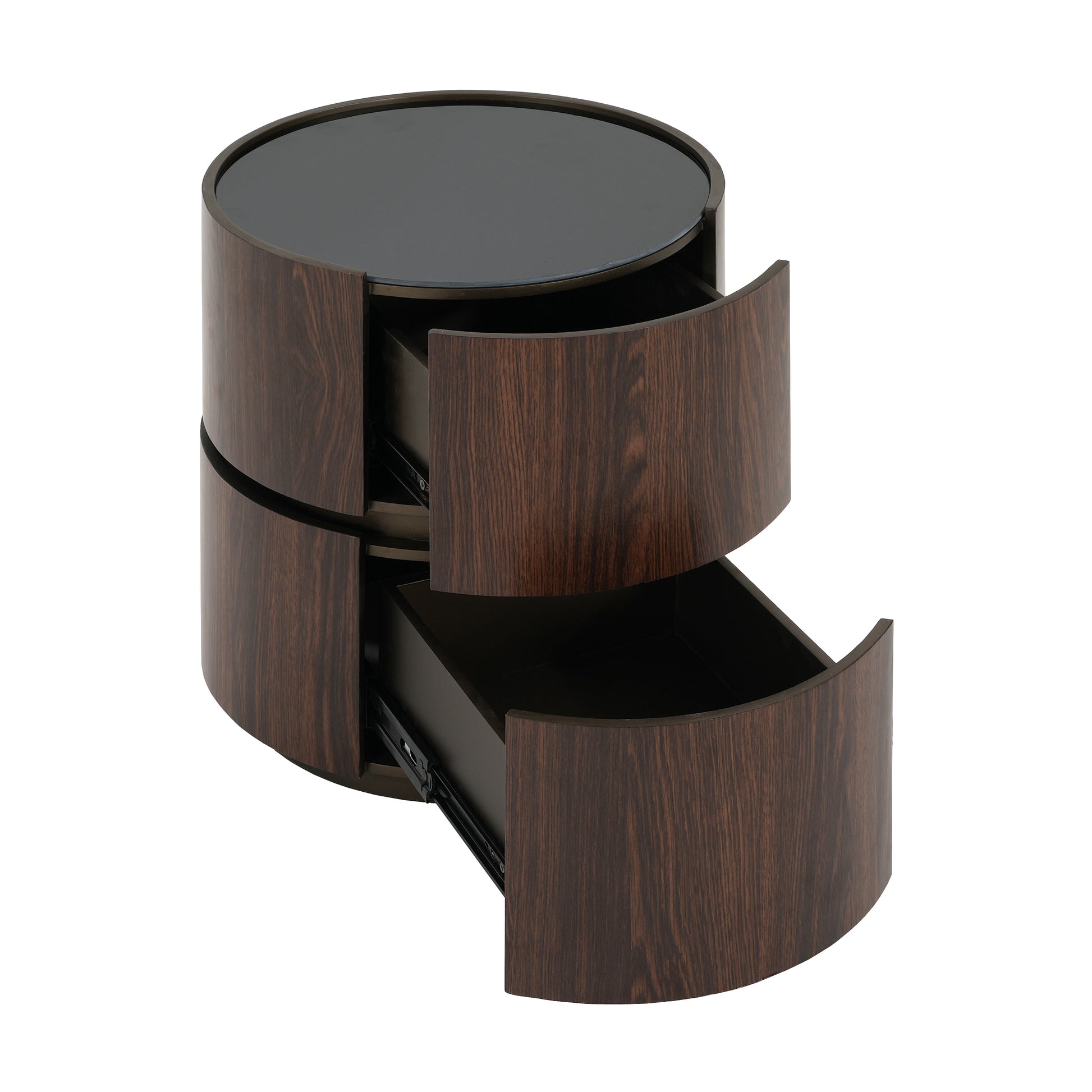 Elegant MDF Italian High-Grade Double-Layer Storage Round Side Table in Brown and Black with Tempered Glass Top
