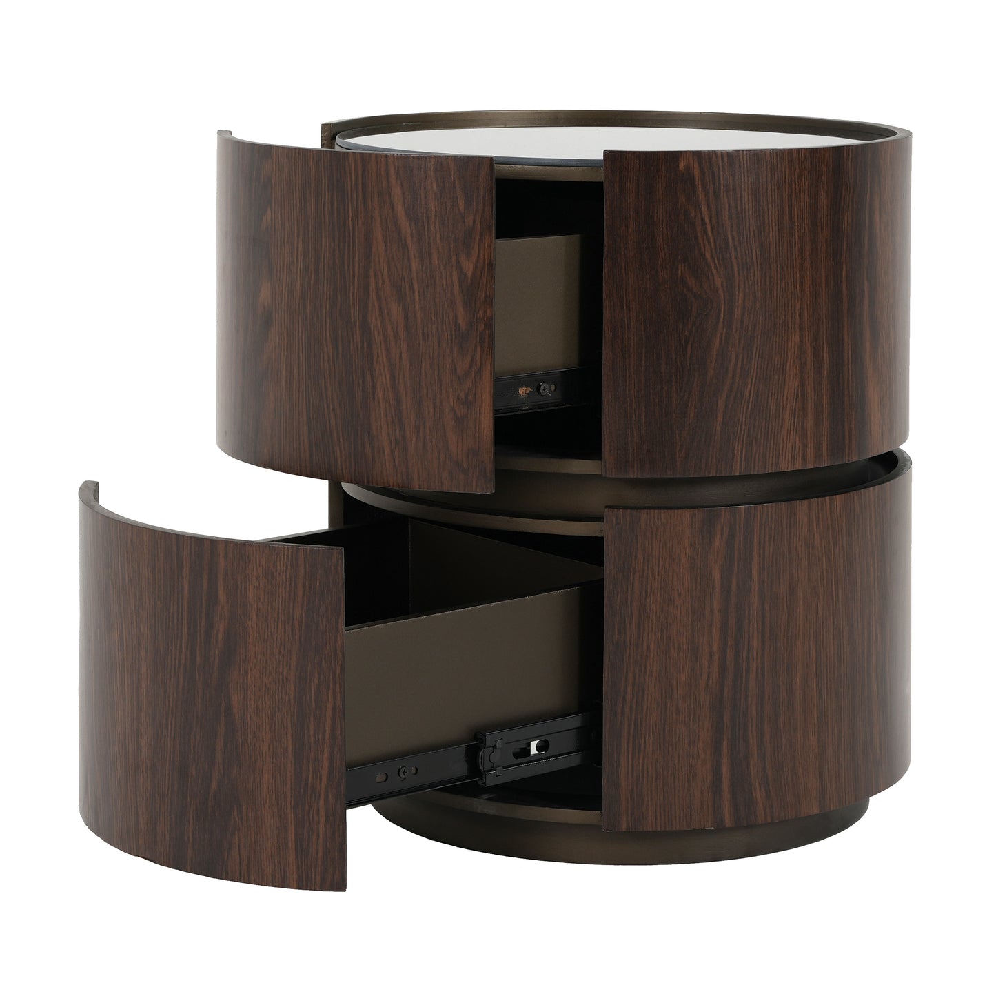 Elegant MDF Italian High-Grade Double-Layer Storage Round Side Table in Brown and Black with Tempered Glass Top