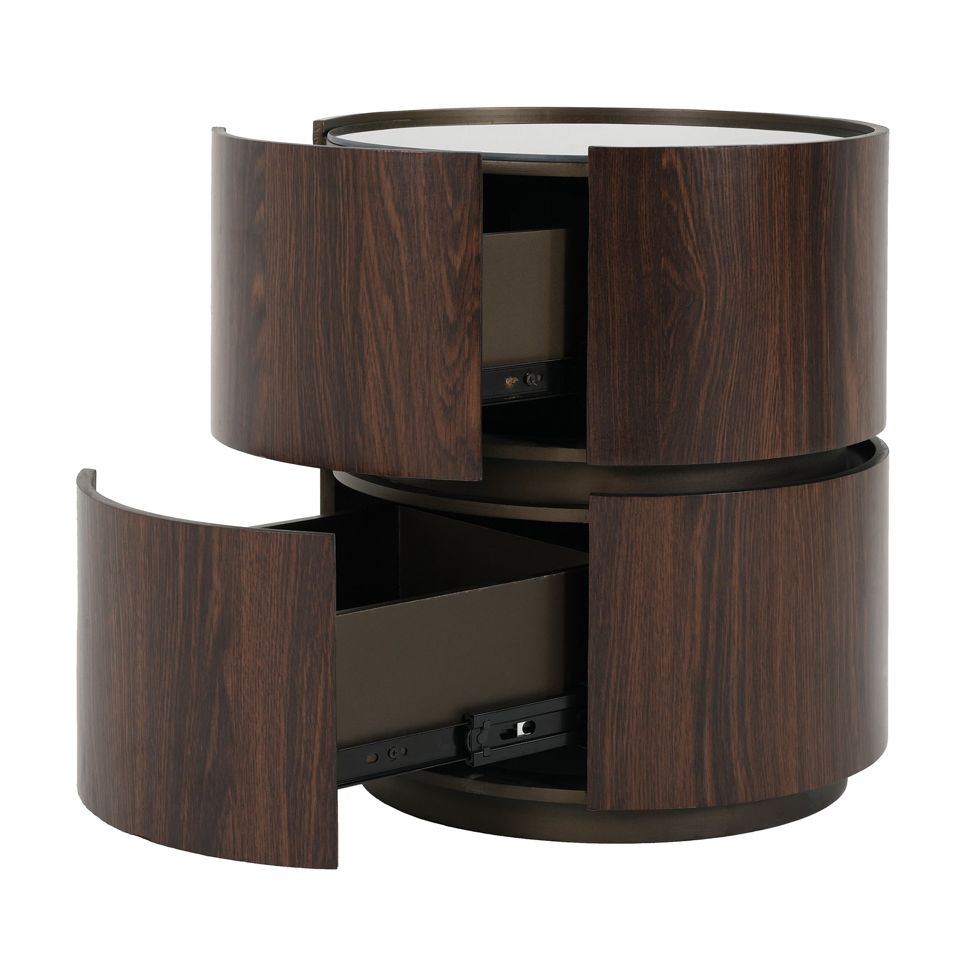 Elegant MDF Italian High-Grade Double-Layer Storage Round Side Table in Brown and Black with Tempered Glass Top